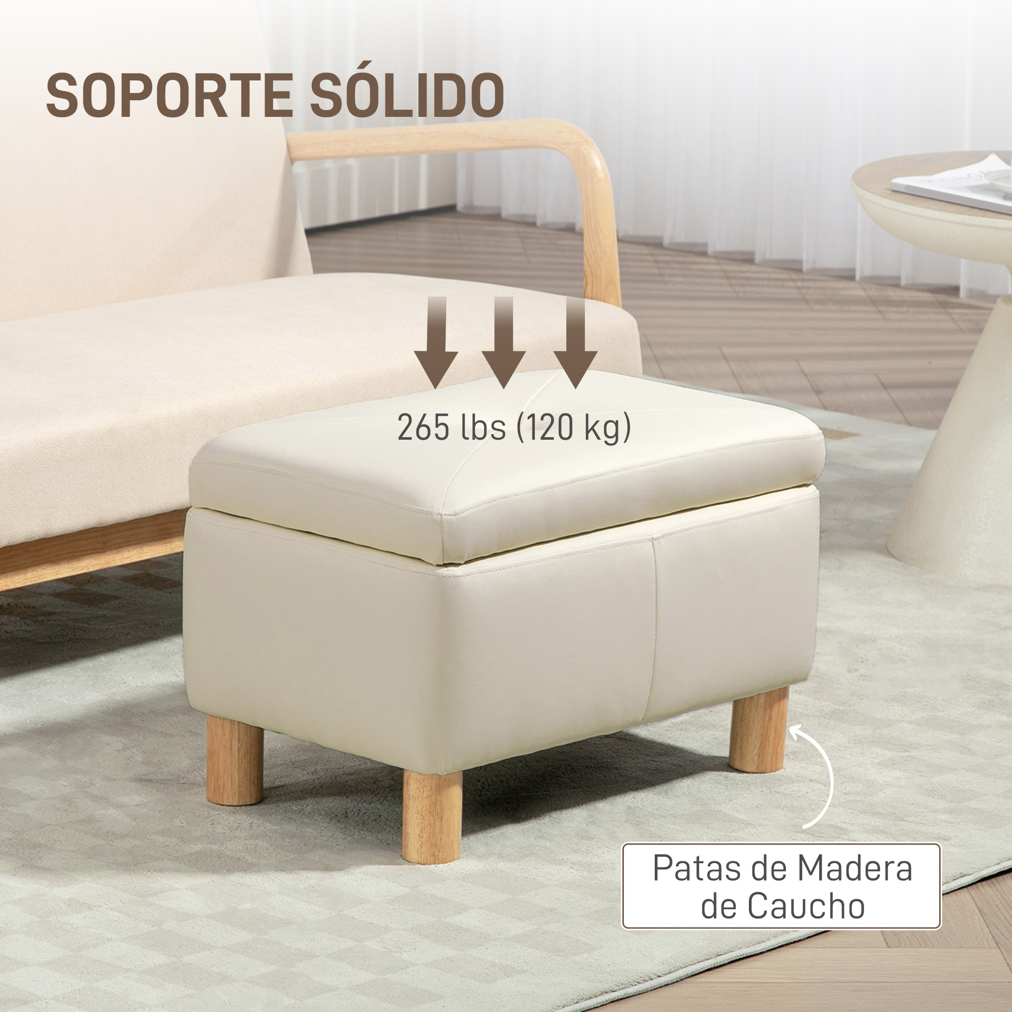 Un otomana crema con patas de madera junto a un sofá.