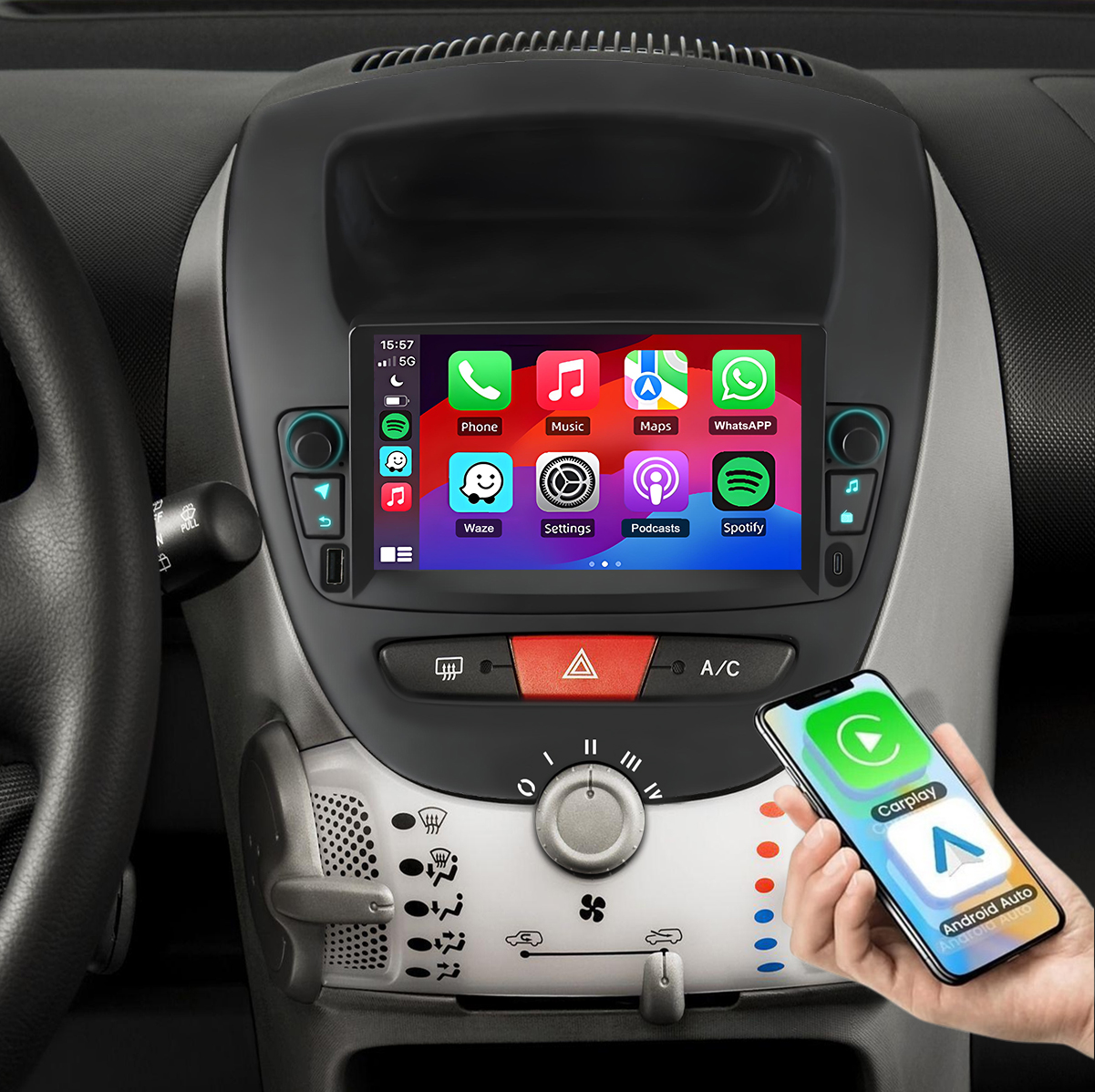 Uno smartphone si collega al touchscreen di un'auto che visualizza app.