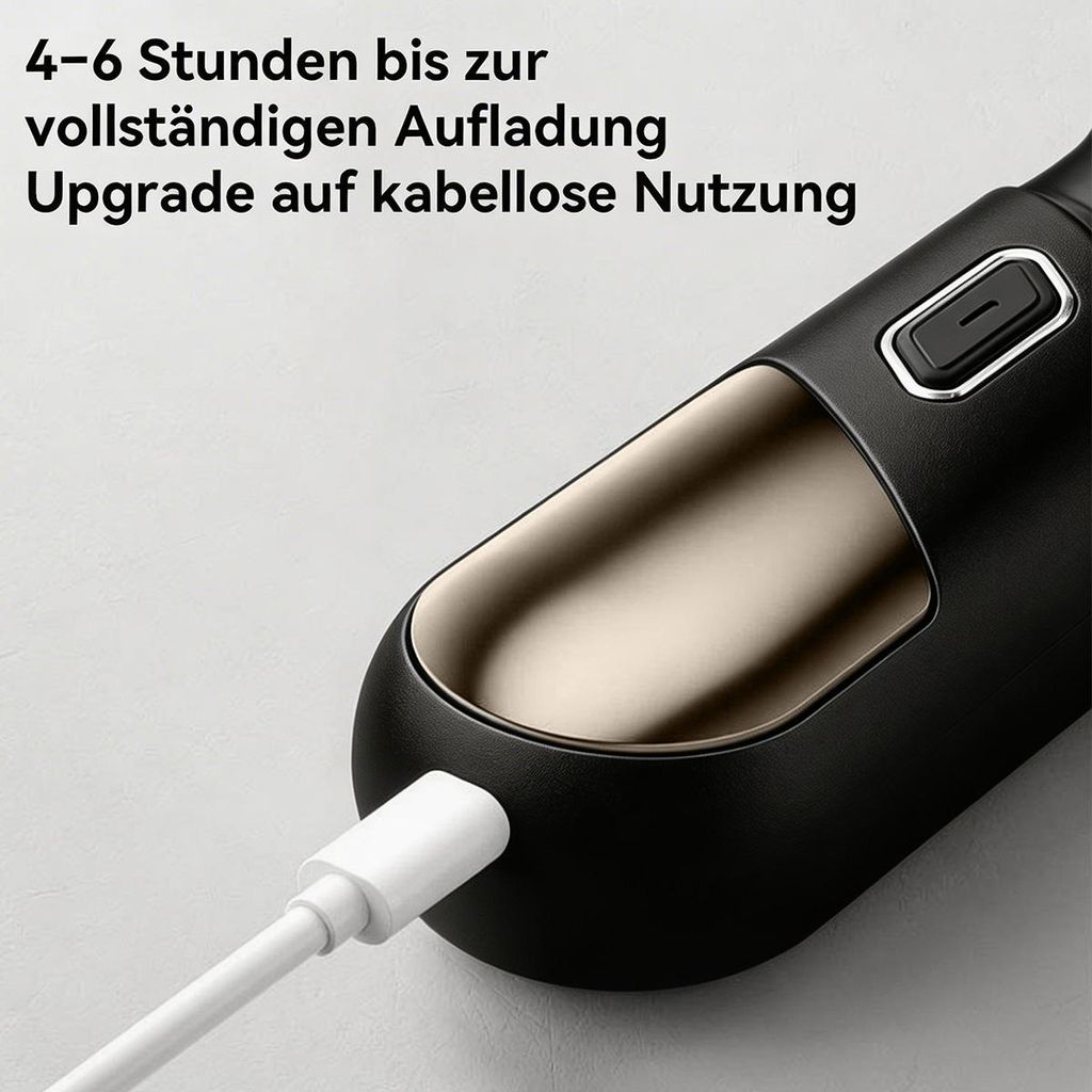 Ein schwarzes Gerät mit einem weißen Ladekabel, das angeschlossen ist.