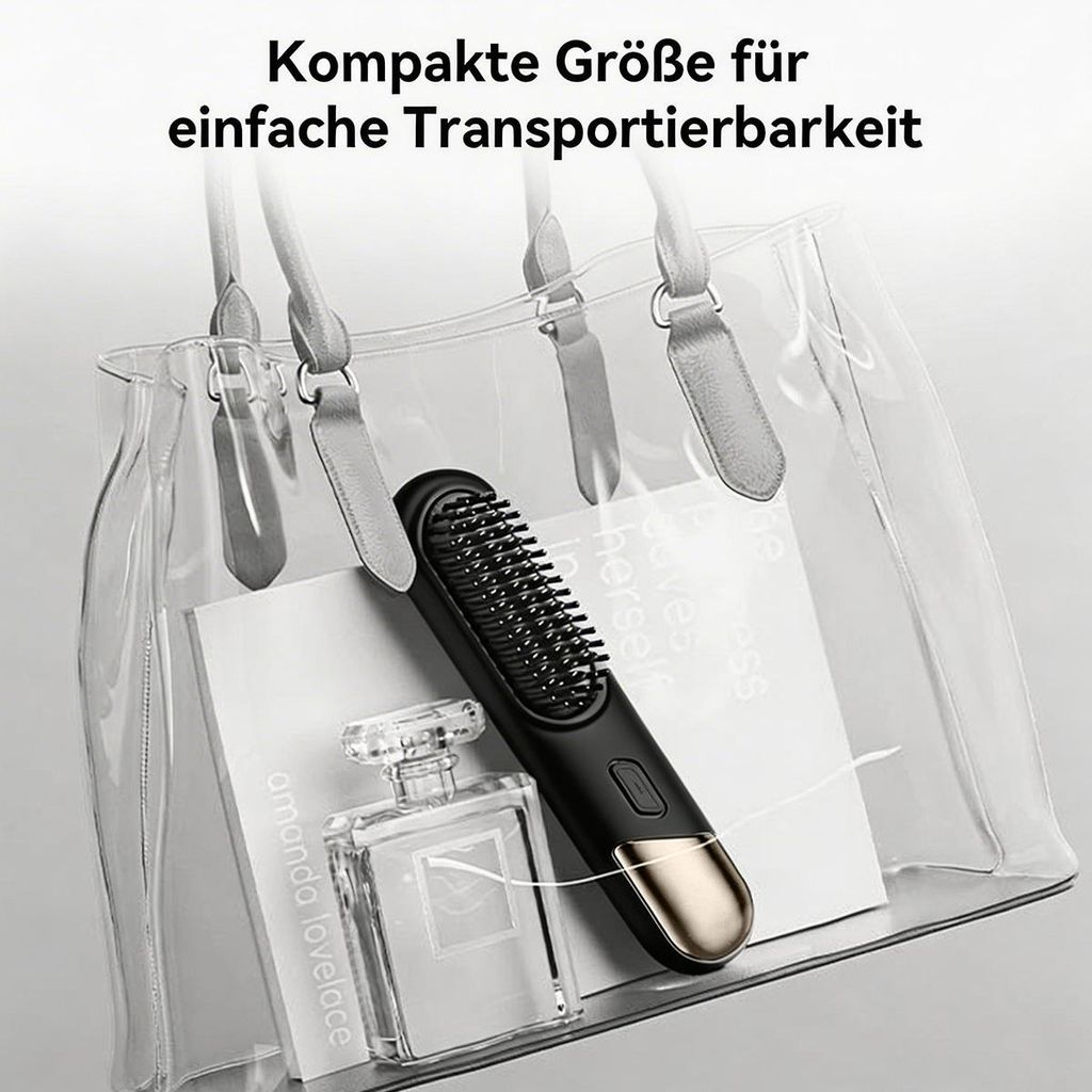 Ein transparenter Beutel mit Haarglätter, Parfüm und Buch. Kompakte Größe.
