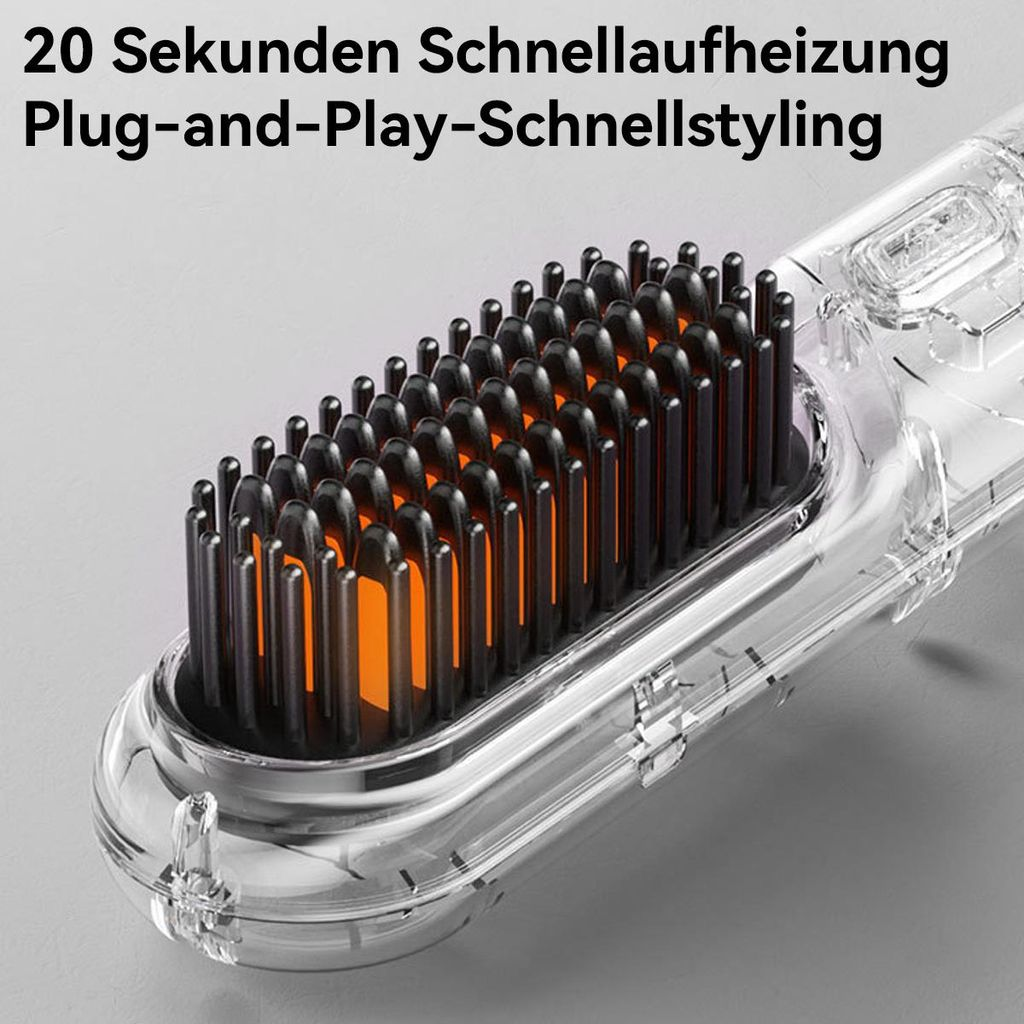 Ein durchsichtiger Kamm mit schwarzen Borsten und orangefarbener Heizung.
