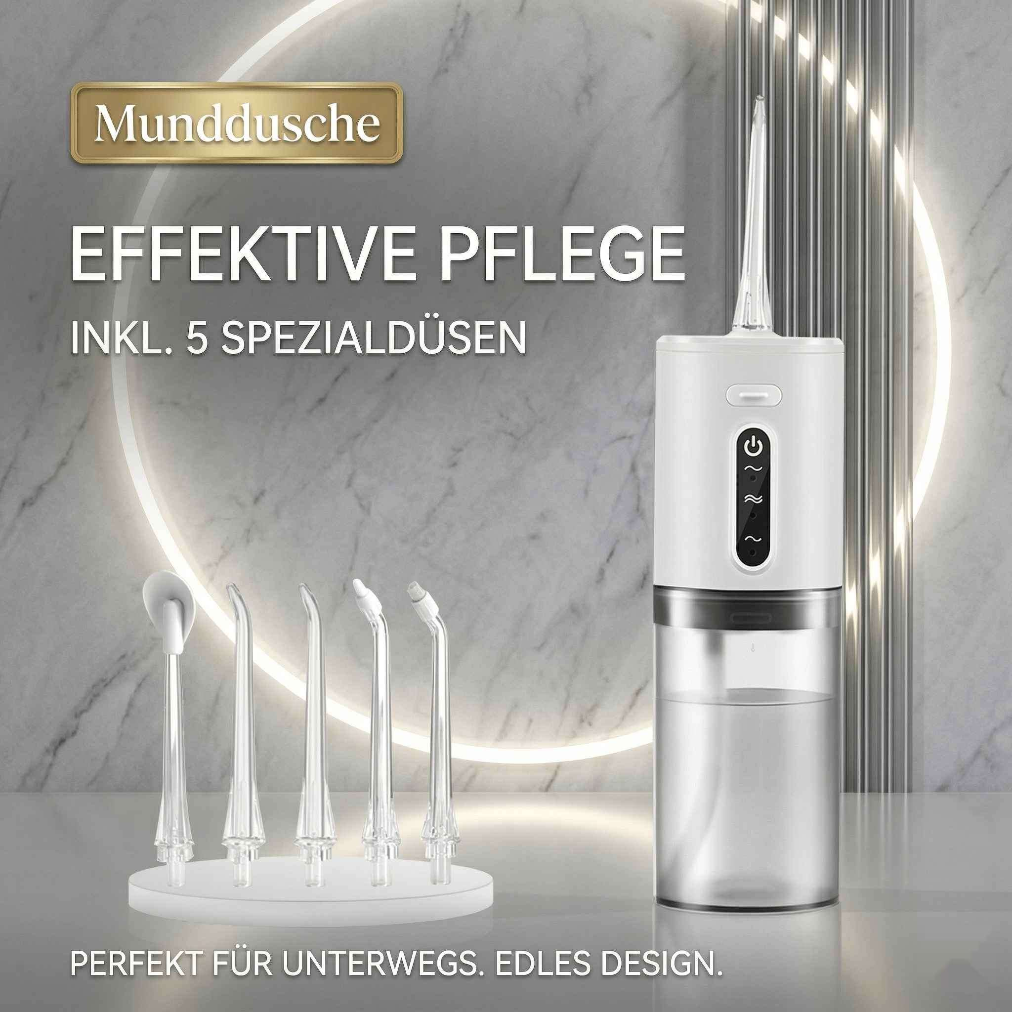 Ein weißer Mundduschen-Aufsatz mit 5 Düsen auf einem Sockel, daneben die Einheit.