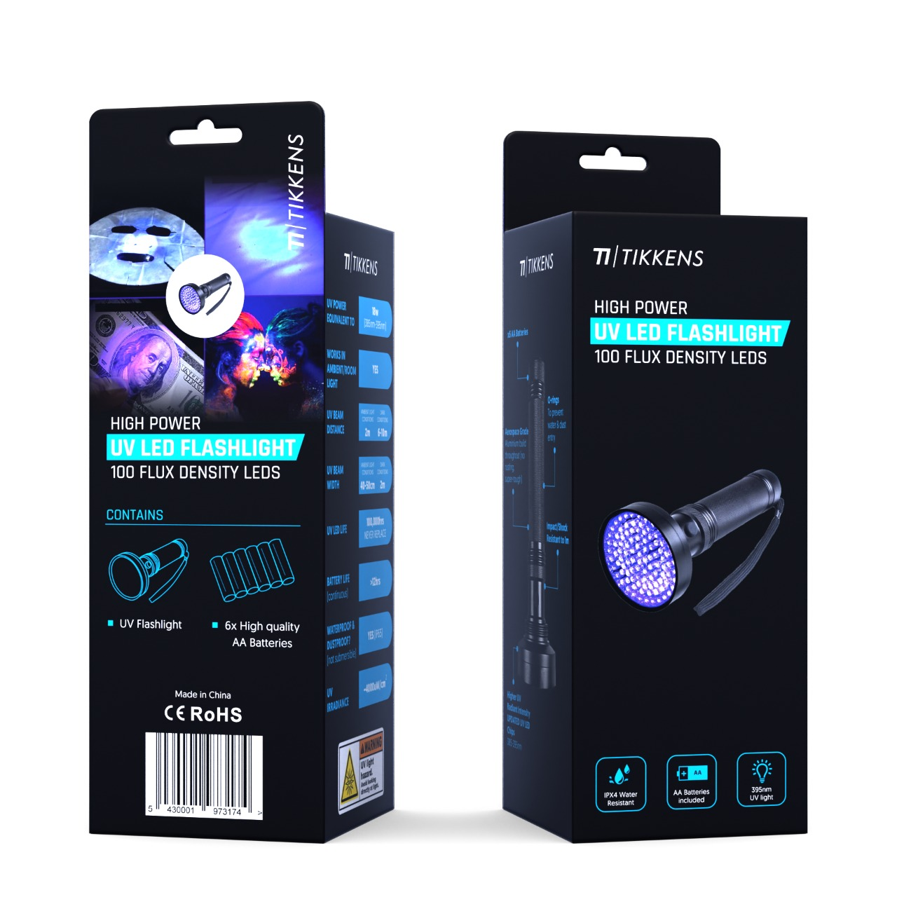 Packaging for a UV LED flashlight with 100 flux density LEDs and accessories.