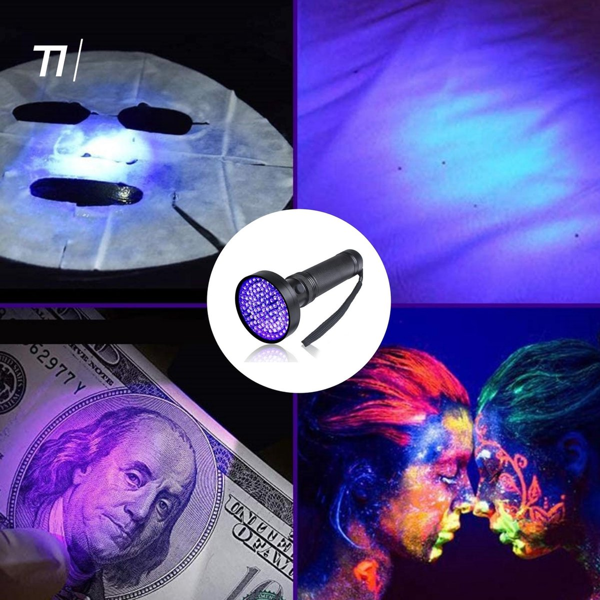 A UV flashlight illuminates a face mask, money, and body art.