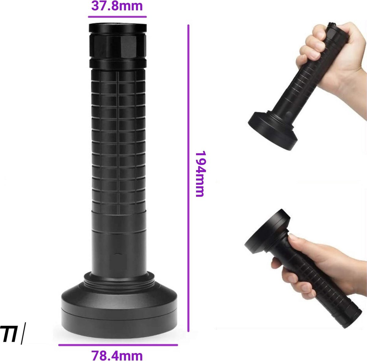 Black flashlight with a textured grip and detailed dimensions shown.