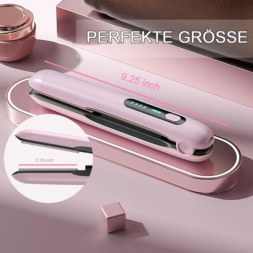 Ein pinker Glätteisen wird mit den Maßen 9,25 Zoll und 3,15 Zoll gezeigt.