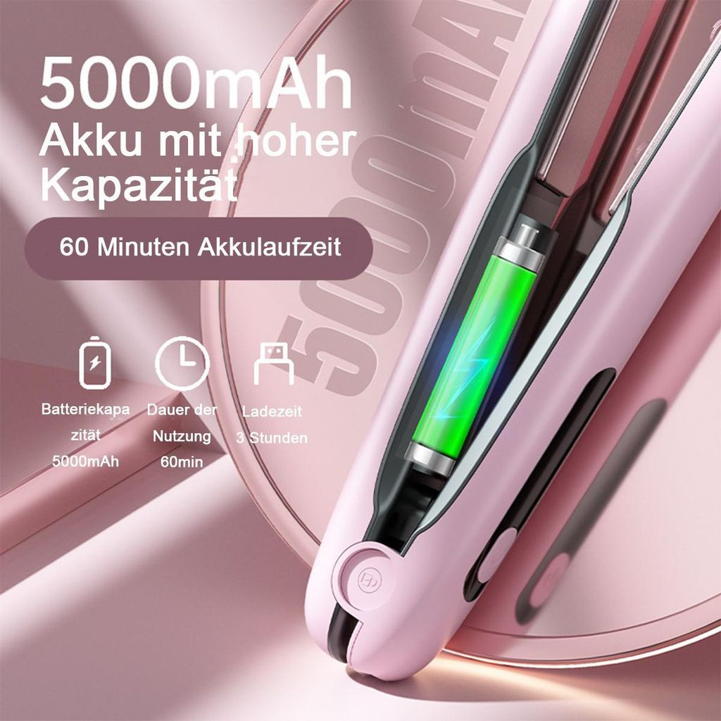 Ein rosa Glätteisen mit einem leuchtend grünen Akku und Ladeinformationen.