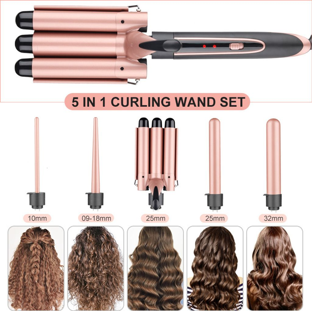 Ein roségoldenes 5-in-1-Lockenstab-Set mit verschiedenen Aufsätzen und Frisuren.