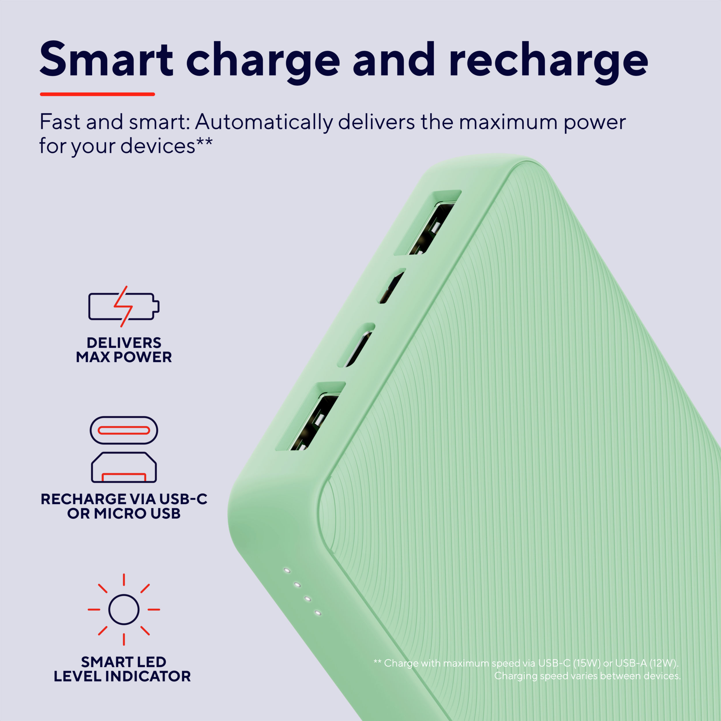 Un dispositivo power bank verde chiaro con più porte USB e informazioni di ricarica.