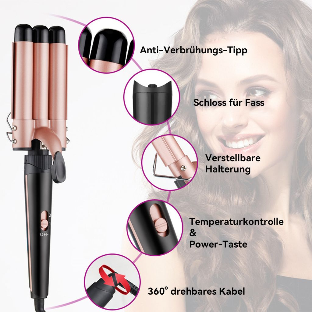 Ein roségoldener Lockenstab mit drei Fässern, mit Merkmalen wie Anti-Verbrühungs-Spitze.