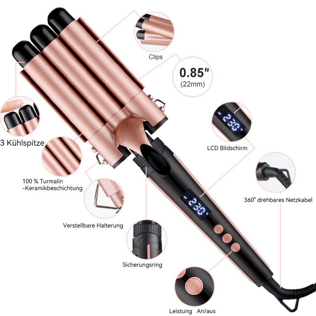 Ein roségoldener Lockenstab mit drei Heizstäben, LCD-Bildschirm und schwarzem Griff.