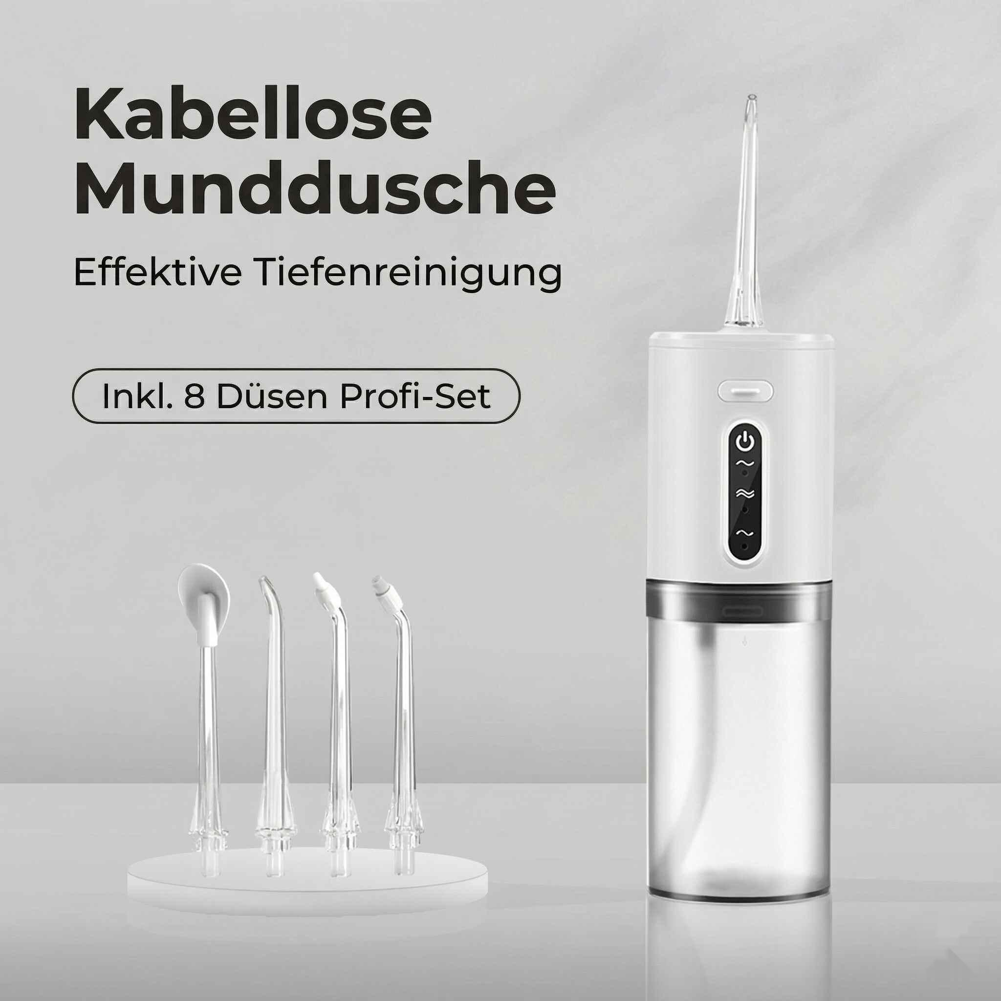 Kabellose Munddusche mit 8 Düsen und einstellbaren Modi.