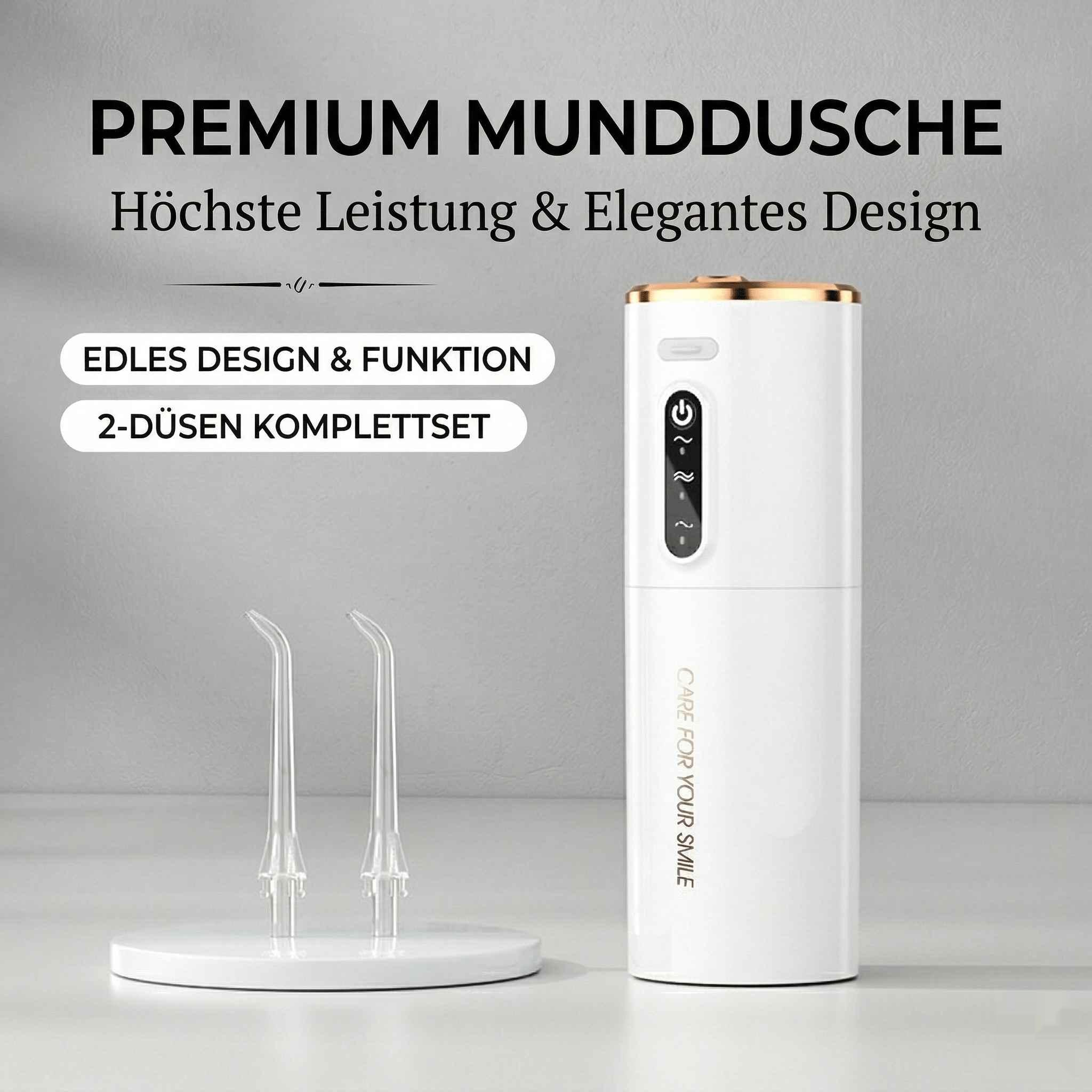 Ein weißer Mundduschen-Set mit zwei Düsen und Ladeanschluss.
