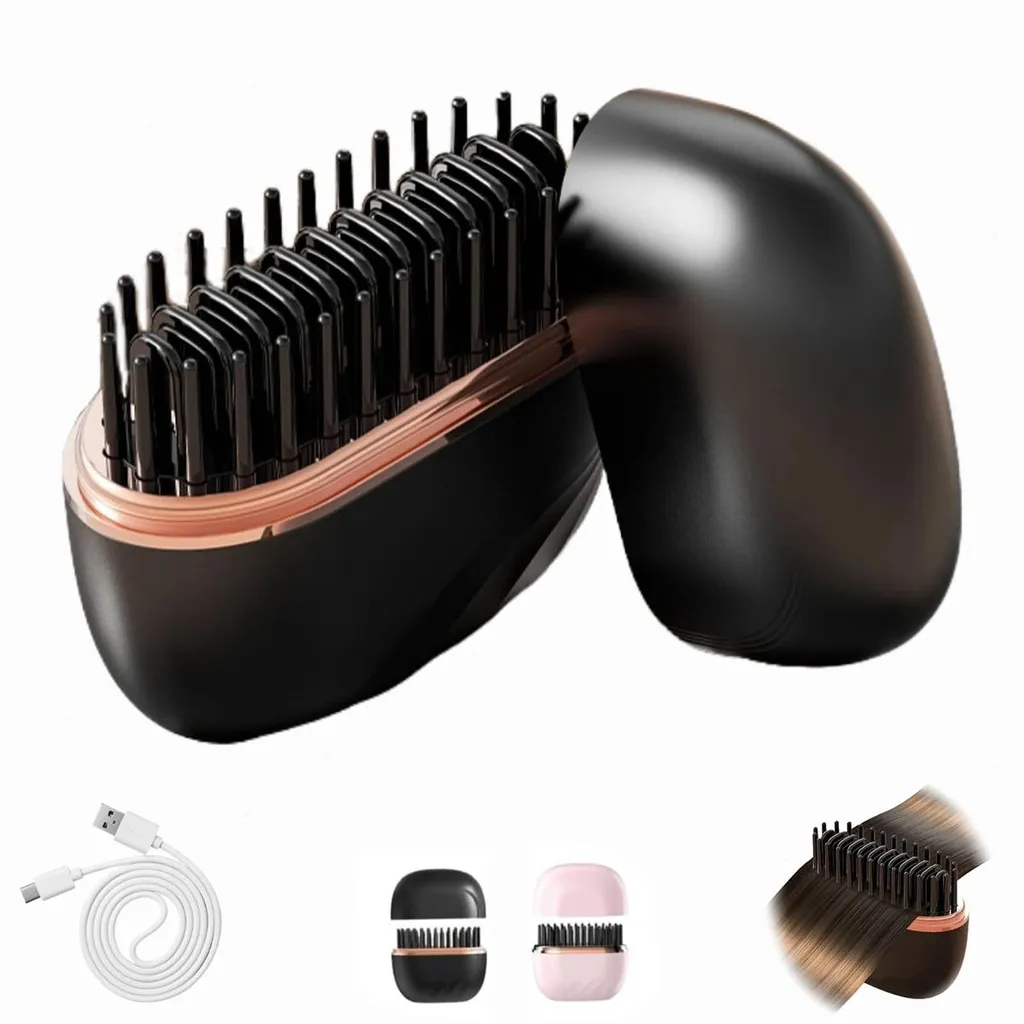 Schwarzer Haarglätter mit rosa Akzenten und USB-Kabel.