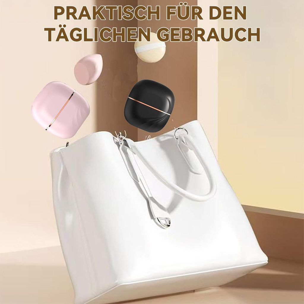 Zwei Kosmetikbehälter, rosa und schwarz, fliegen über eine weiße Tasche.