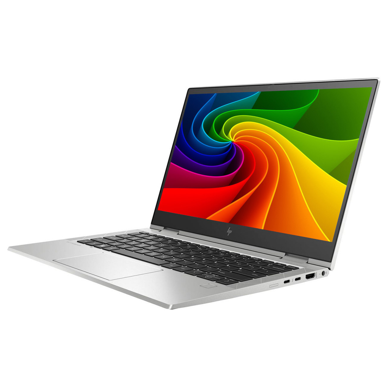 Ein offener silberner Laptop mit einem bunten Wirbel-Hintergrundbild auf dem Bildschirm.