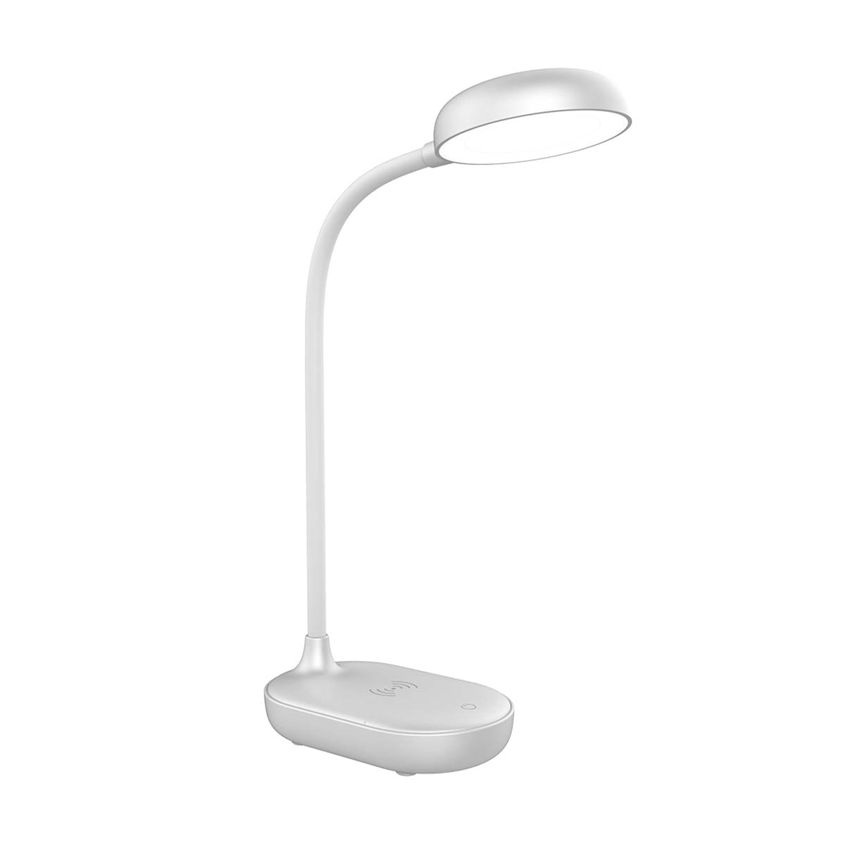 Eine weiße Schreibtischlampe mit flexiblem Arm und runder LED-Leuchte.