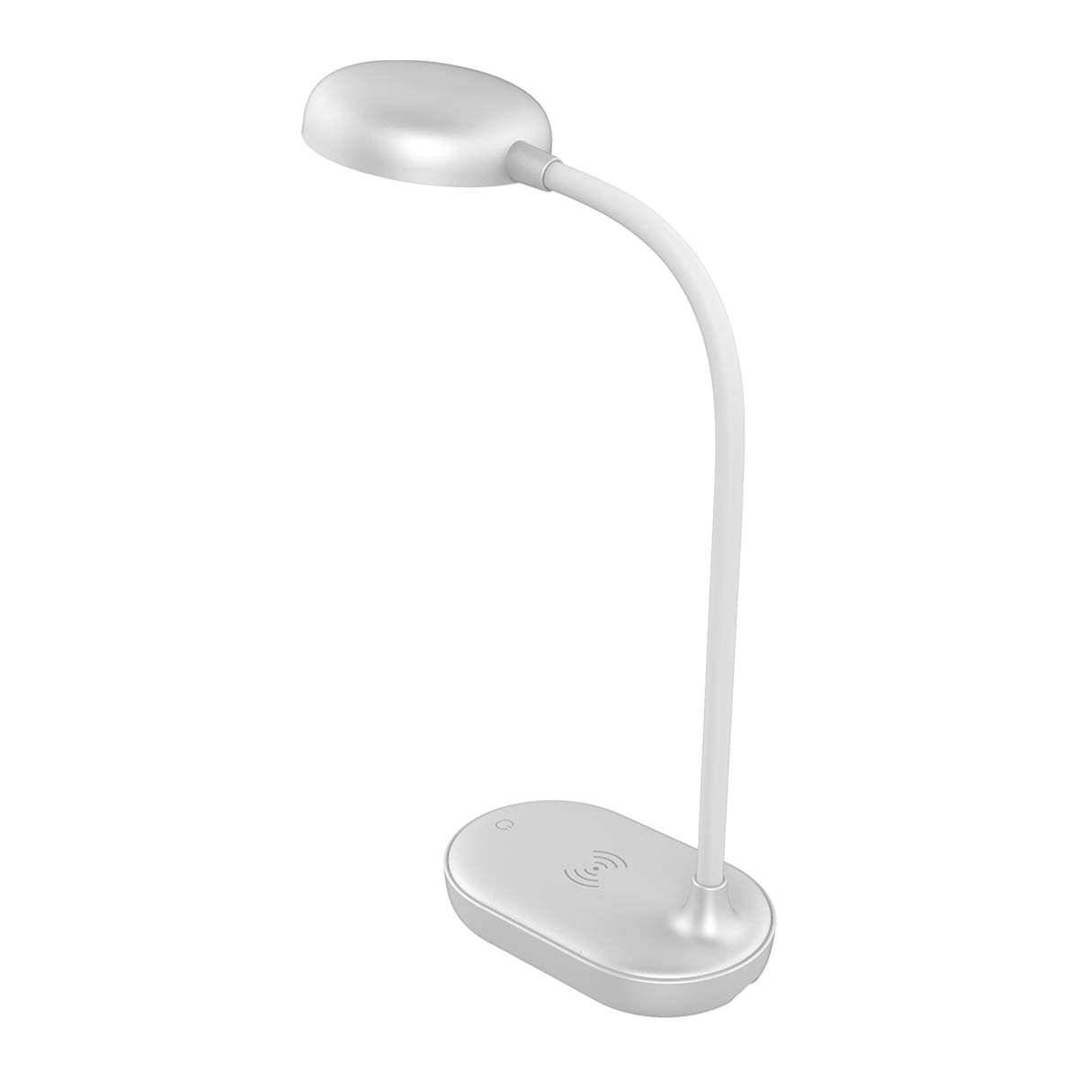 Eine weiße, flexible Schreibtischlampe mit ovalem Lampenkopf und Basis.