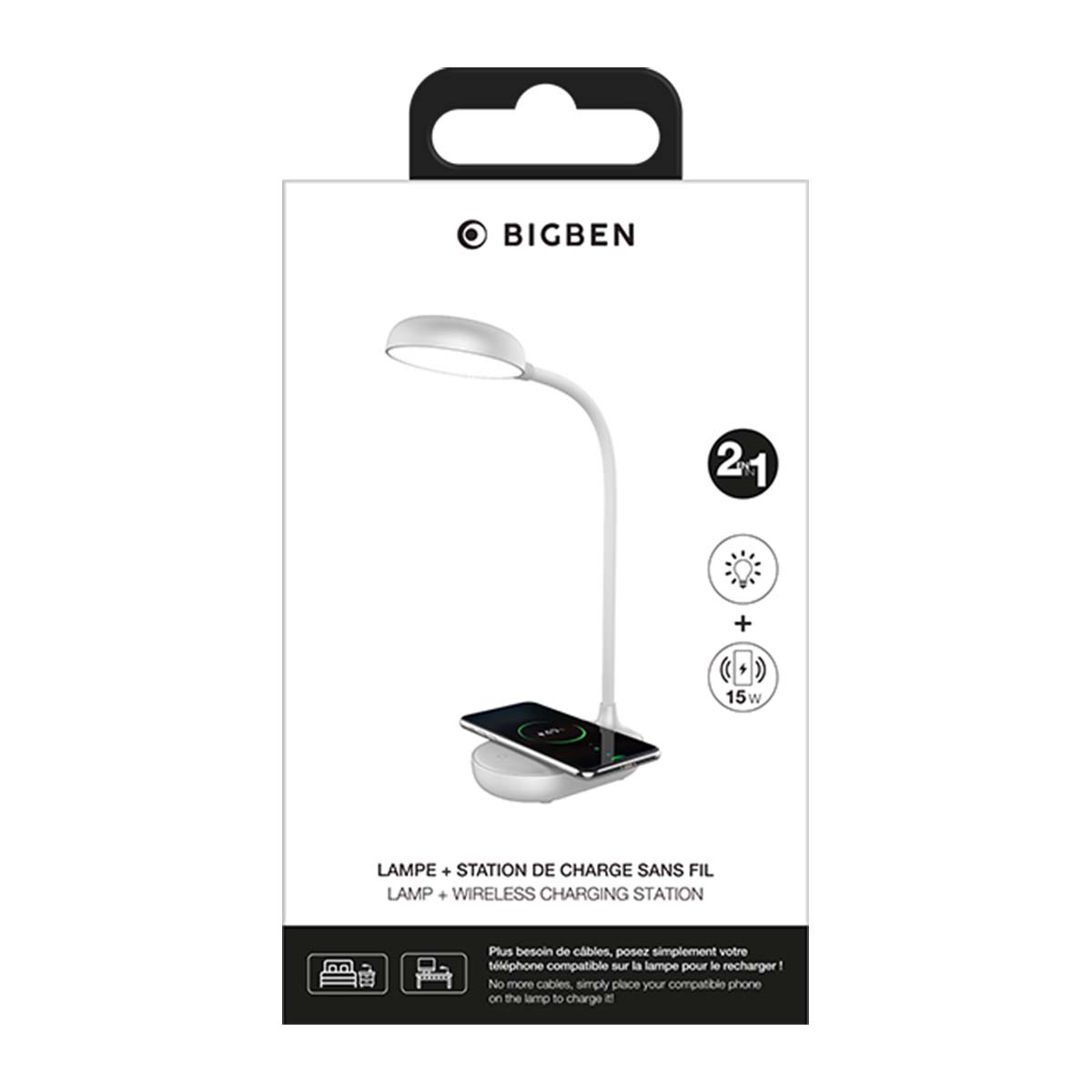 Weiße Schreibtischlampe mit kabelloser Ladestation und Handy.