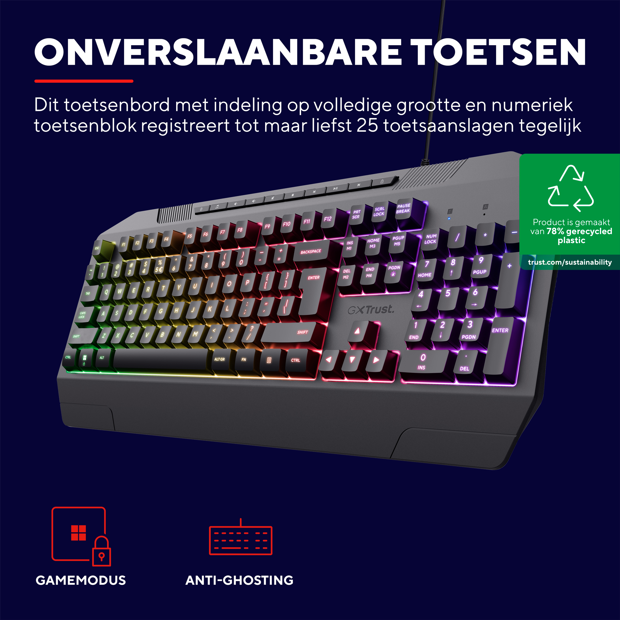A black gaming keyboard with RGB lighting and a numpad. Game mode and anti-ghosting icons are at the bottom left.