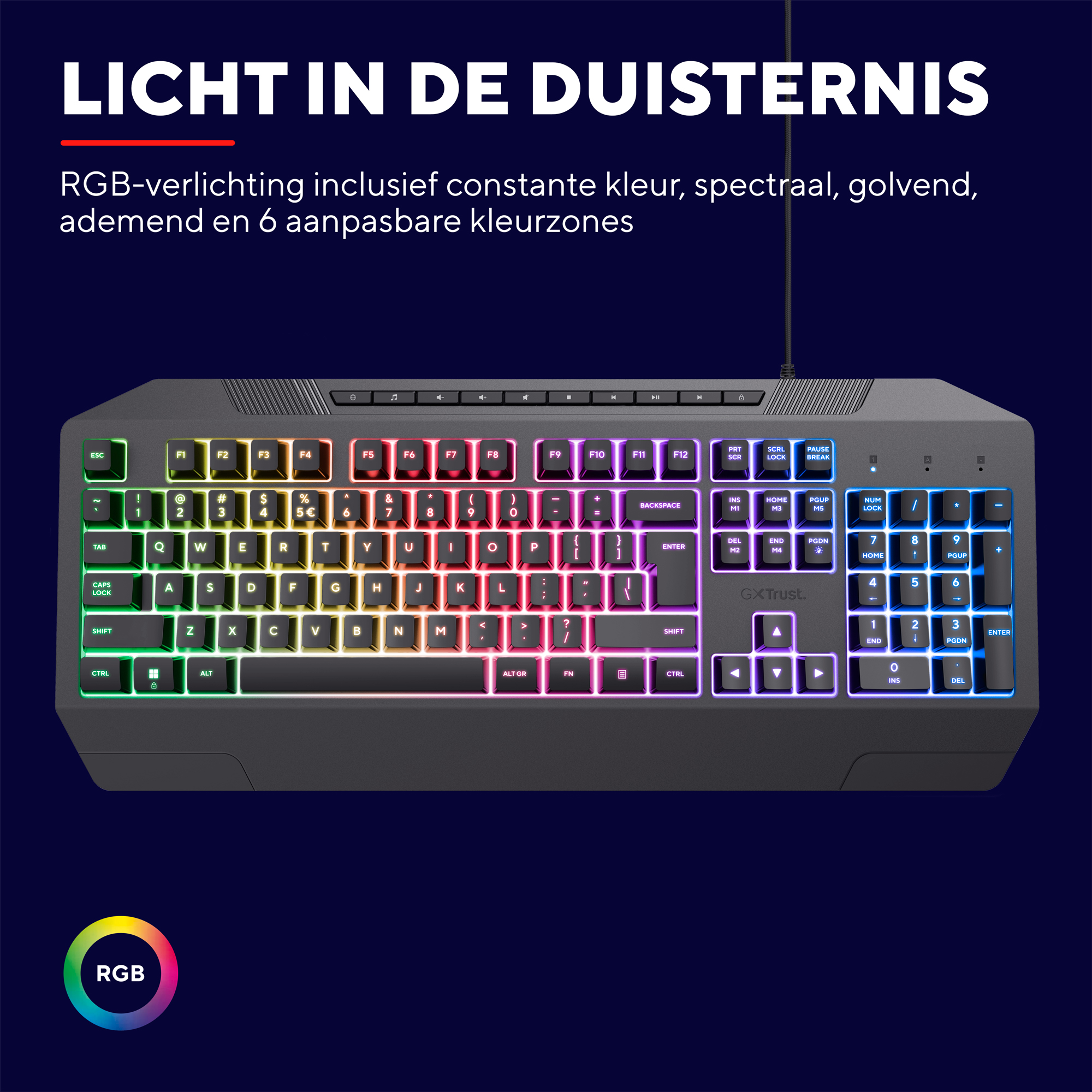 A dark keyboard with RGB-lit keys and Dutch text.