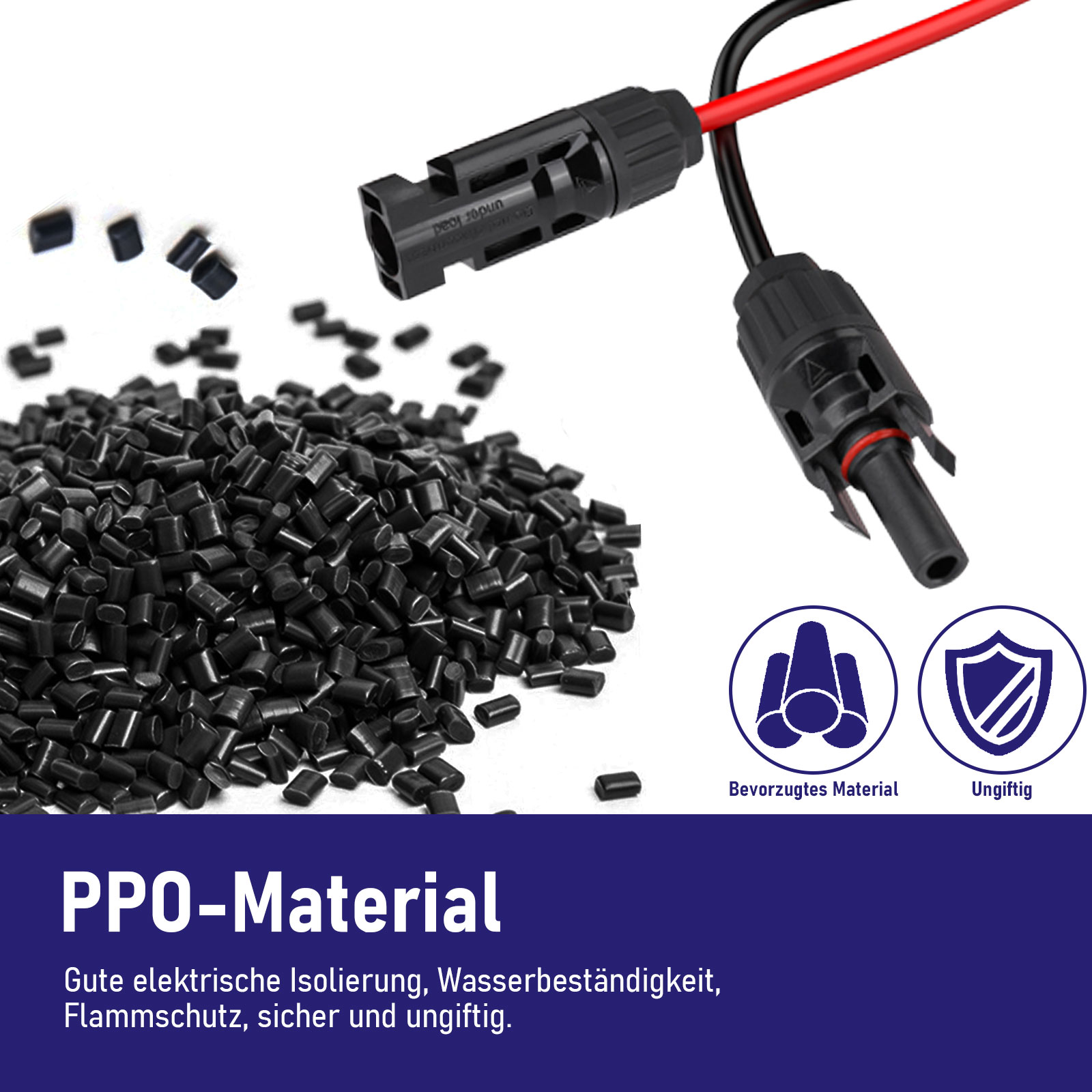 Schwarze Granulat-Haufen mit Solarkabel-Steckern und Symbolen für Material und Ungiftigkeit.