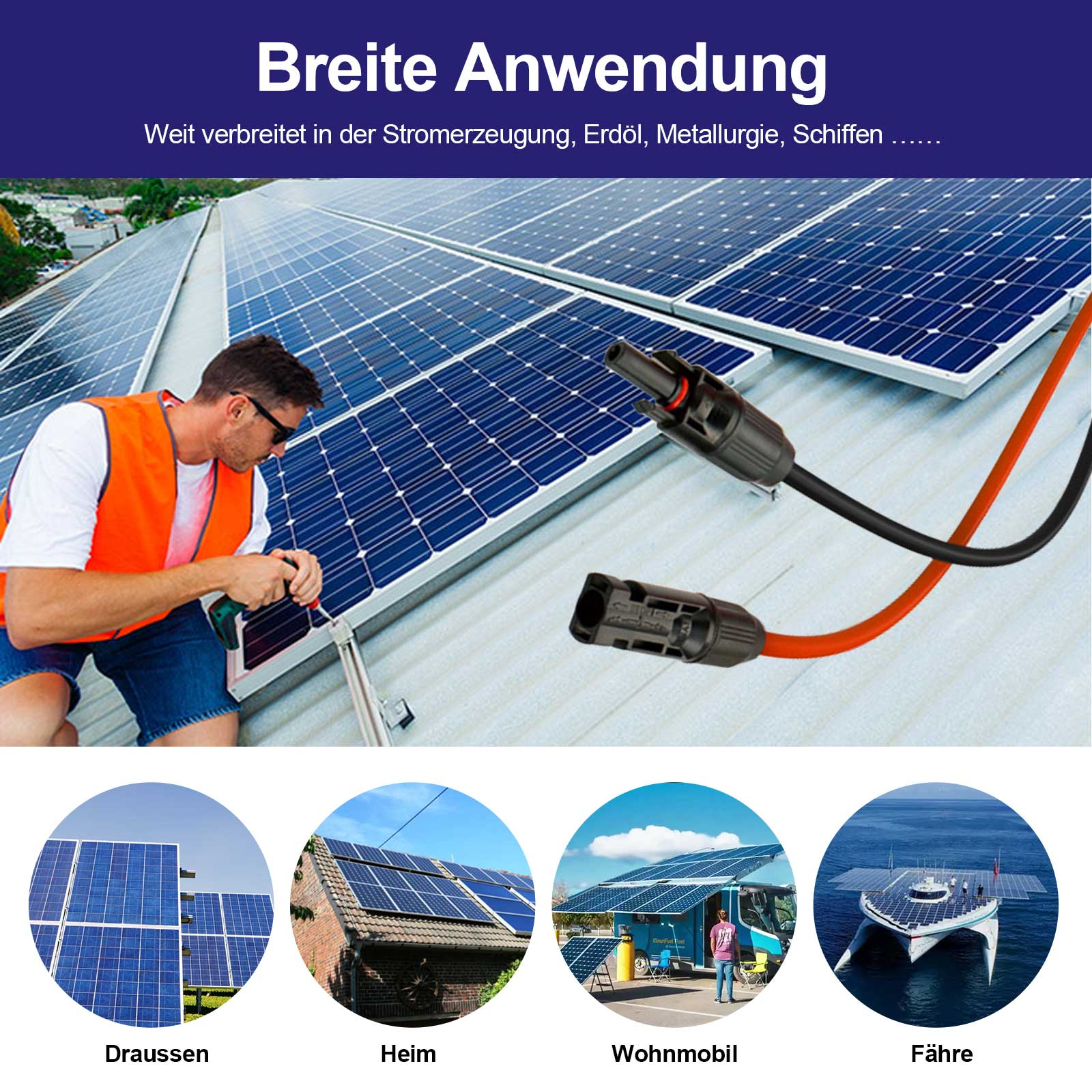 Mann installiert Solarmodule auf einem Dach, mit vier Anwendungsbeispielen unten.