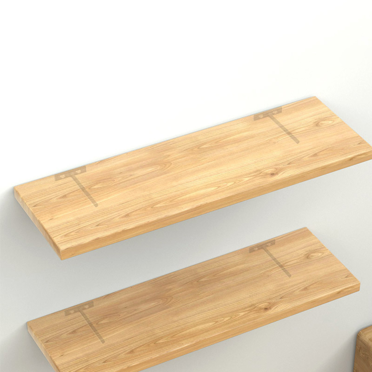 Due mensole in legno con venature visibili e staffe a T.