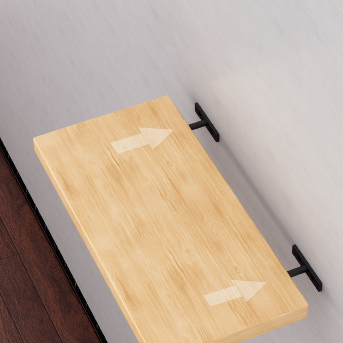 Una mensola in legno da parete con frecce che puntano verso l'esterno.