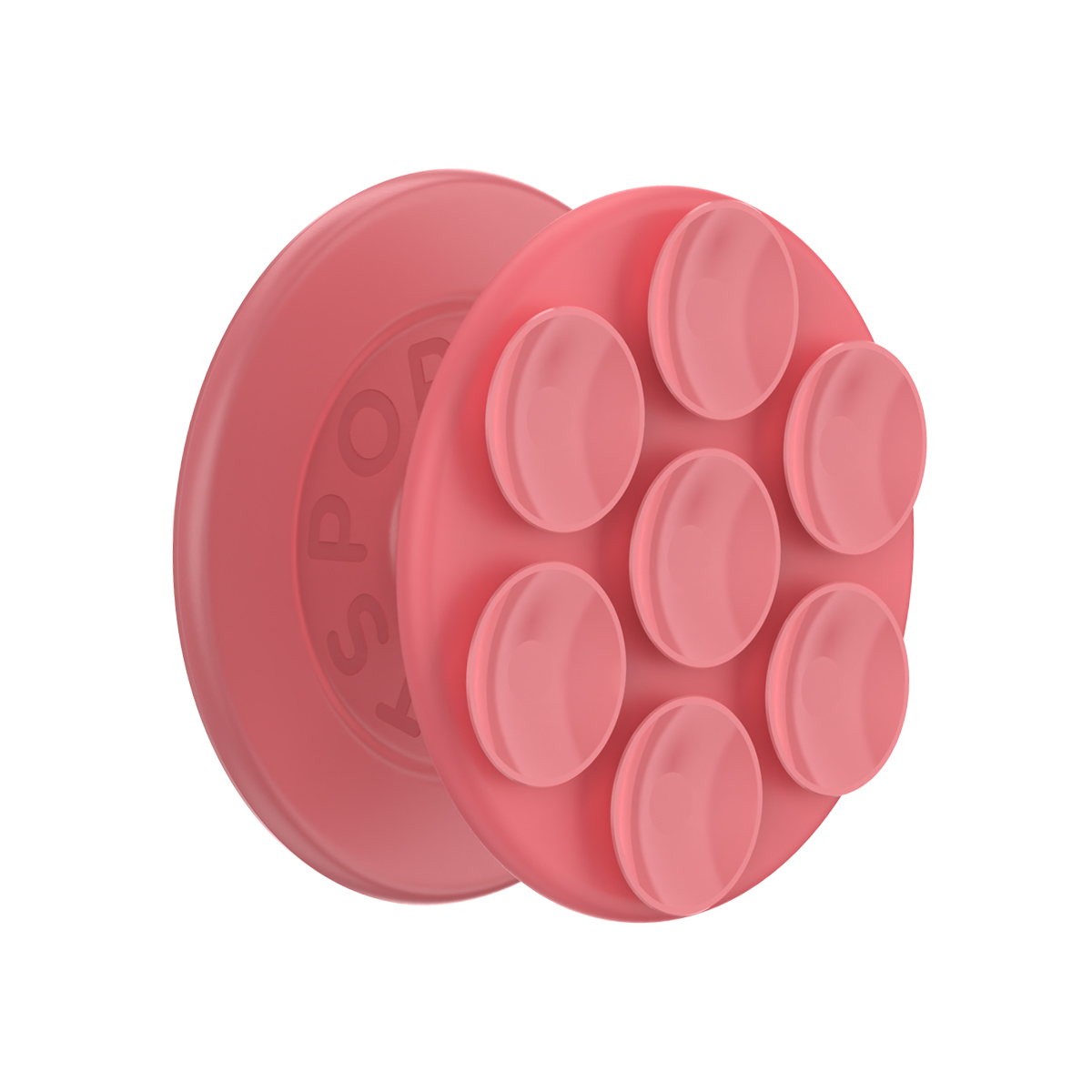 Una presa rosa con sette ventose e un logo in rilievo.