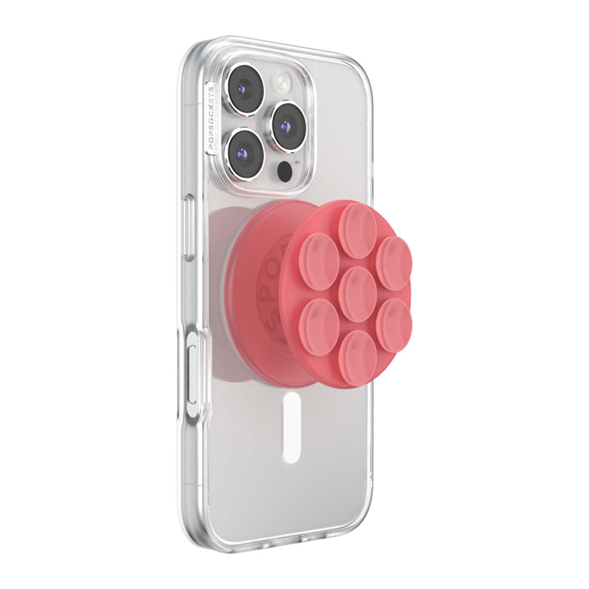 Una custodia trasparente per telefono con un supporto PopSocket rosa sul retro.