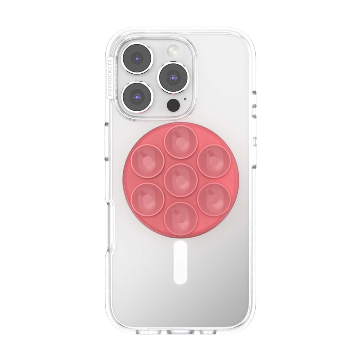 Custodia trasparente con PopSocket rosa e tre obiettivi.
