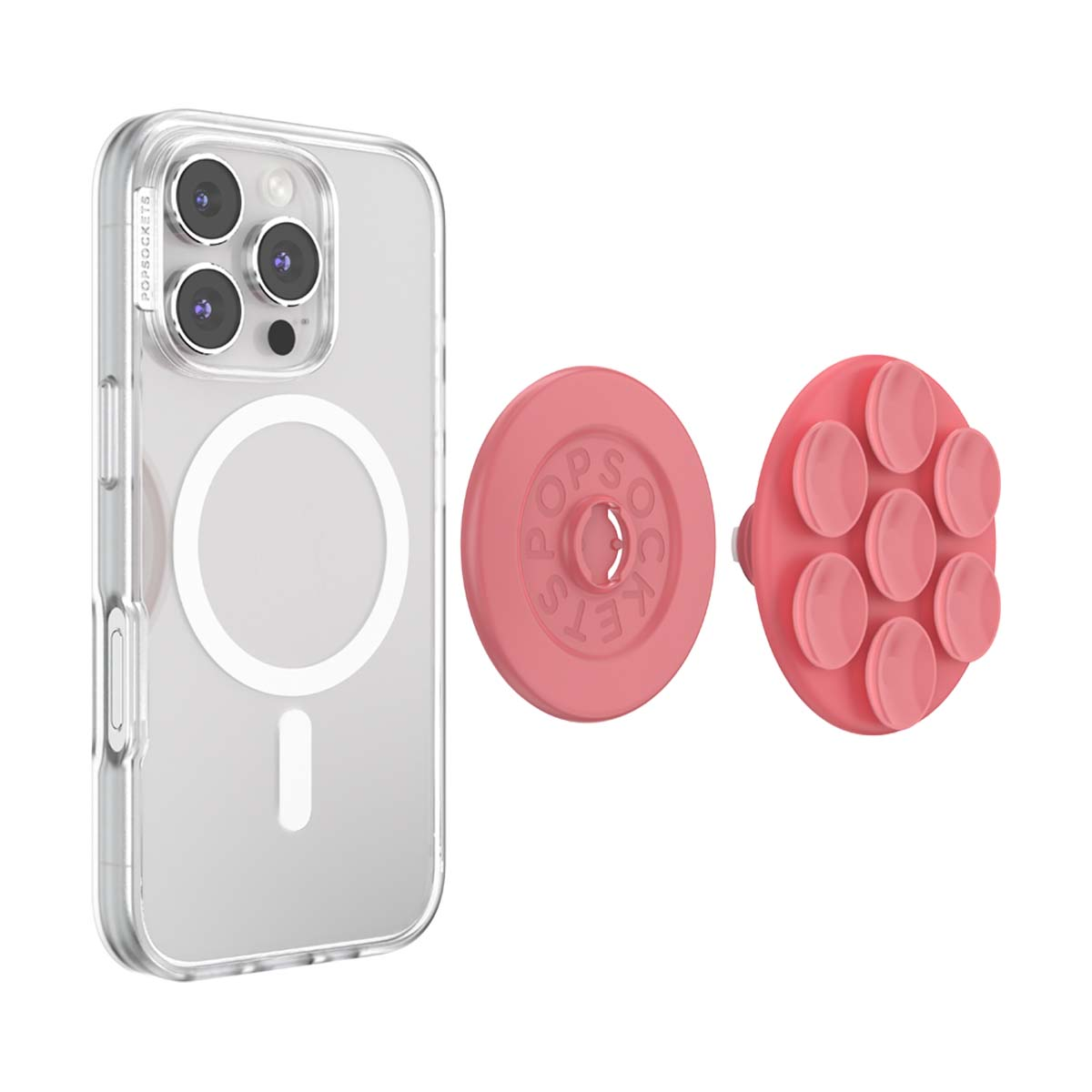 Una cover trasparente per telefono con MagSafe e due accessori PopSockets rosa.