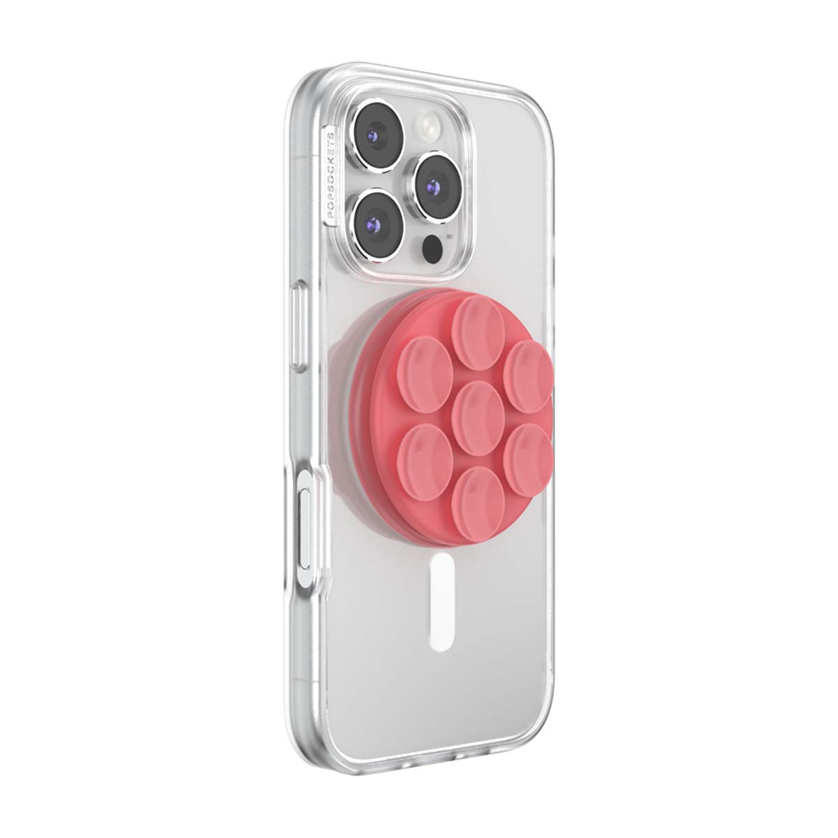 iPhone con custodia trasparente e PopSocket rosa, fotocamere visibili.