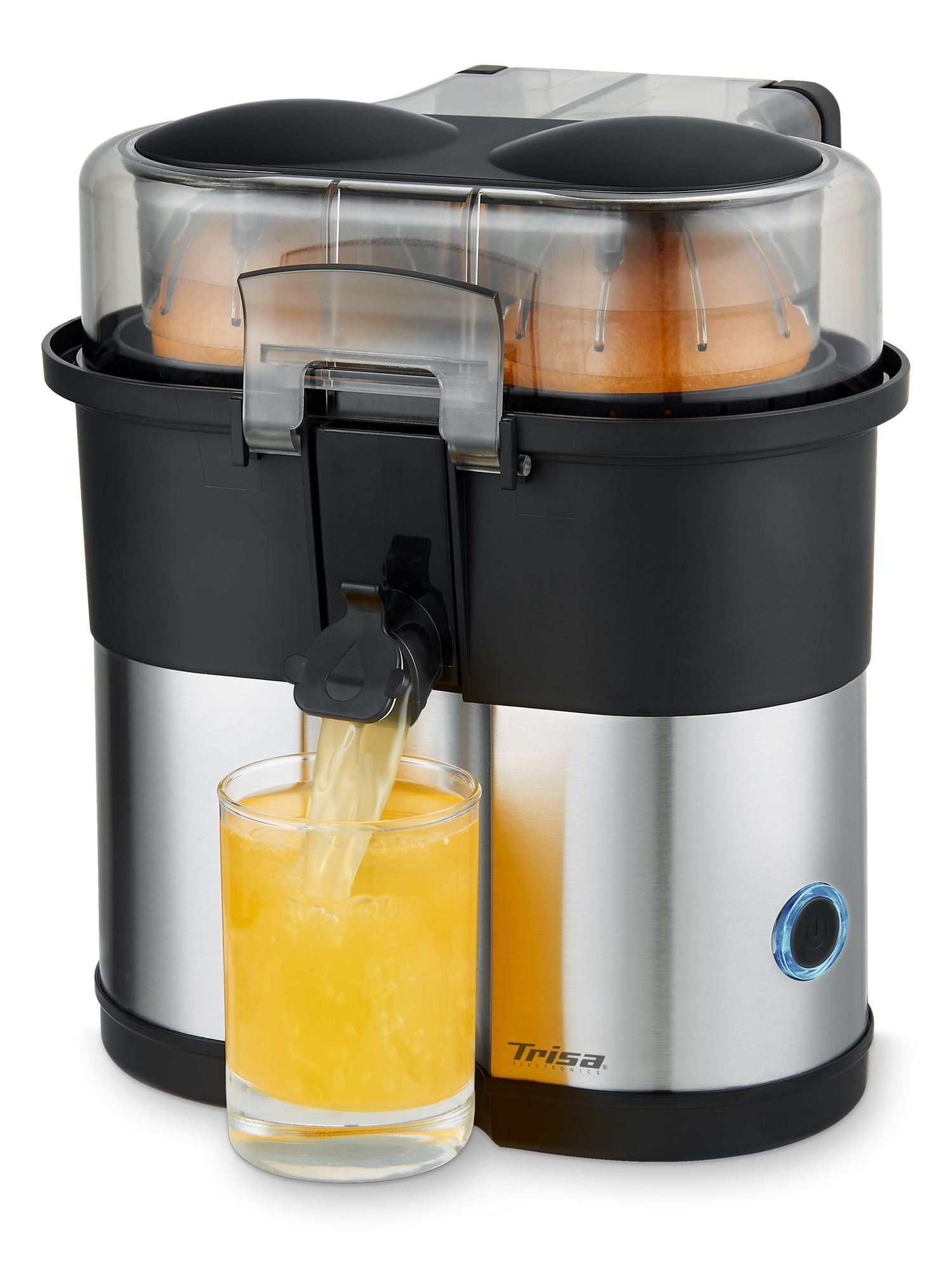 Ein Entsafter mit silbernem Gehäuse presst Orangensaft in ein Glas.