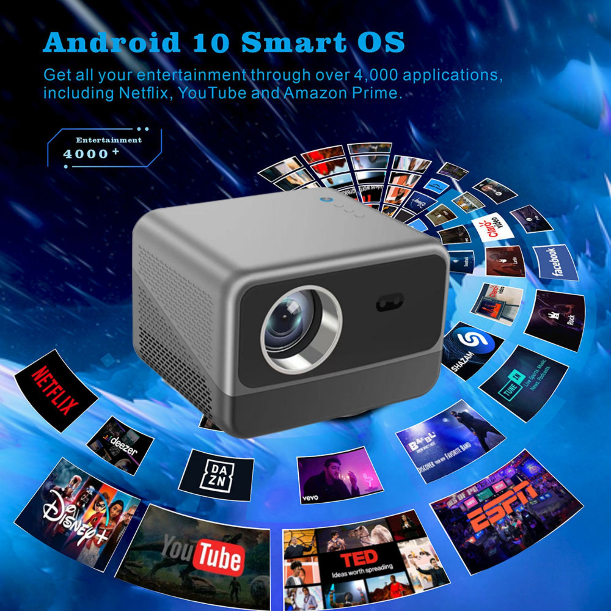 Ein Projektor mit Android 10 OS und vielen App-Icons wie Netflix, YouTube, Disney+.