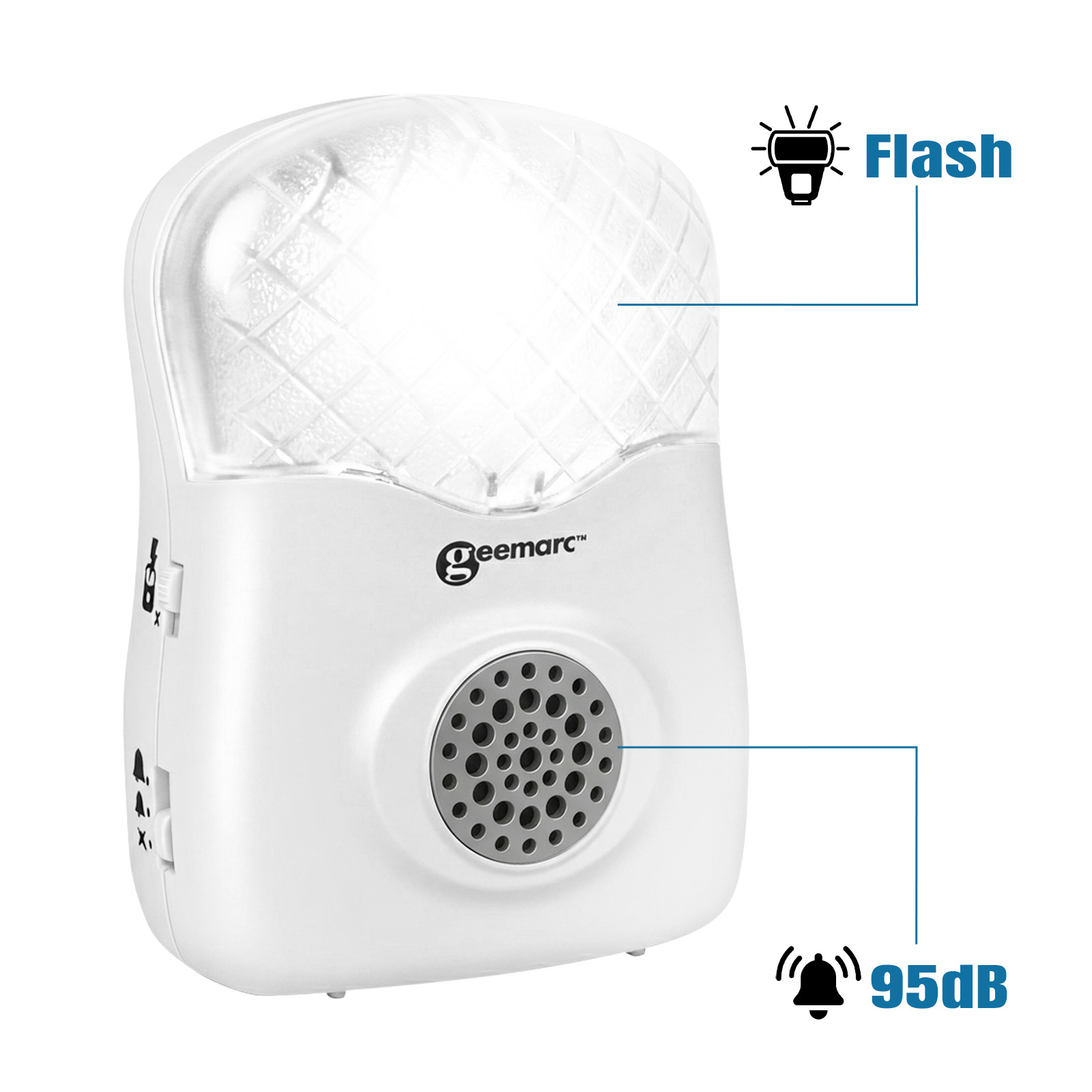 Ein weier Blitzlicht- und 95dB-Alarmgert mit Lautsprecher und Geemarc-Logo.