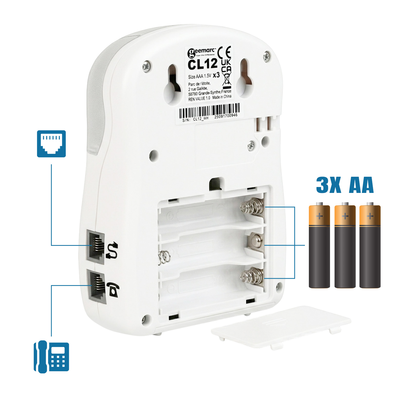 Rückseite eines weißen Telefons mit Batterieabdeckung, 3 AA-Batterien und Anschlüssen.