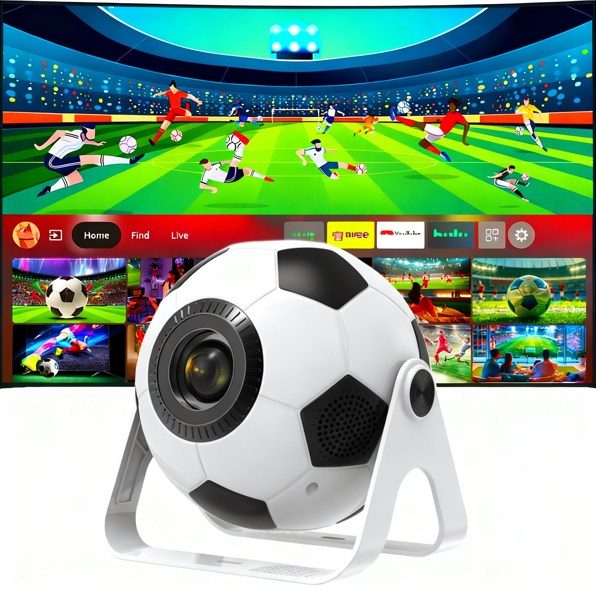 Ein fußballförmiges Gerät steht vor einem Fernsehbildschirm mit Fußballspielern.