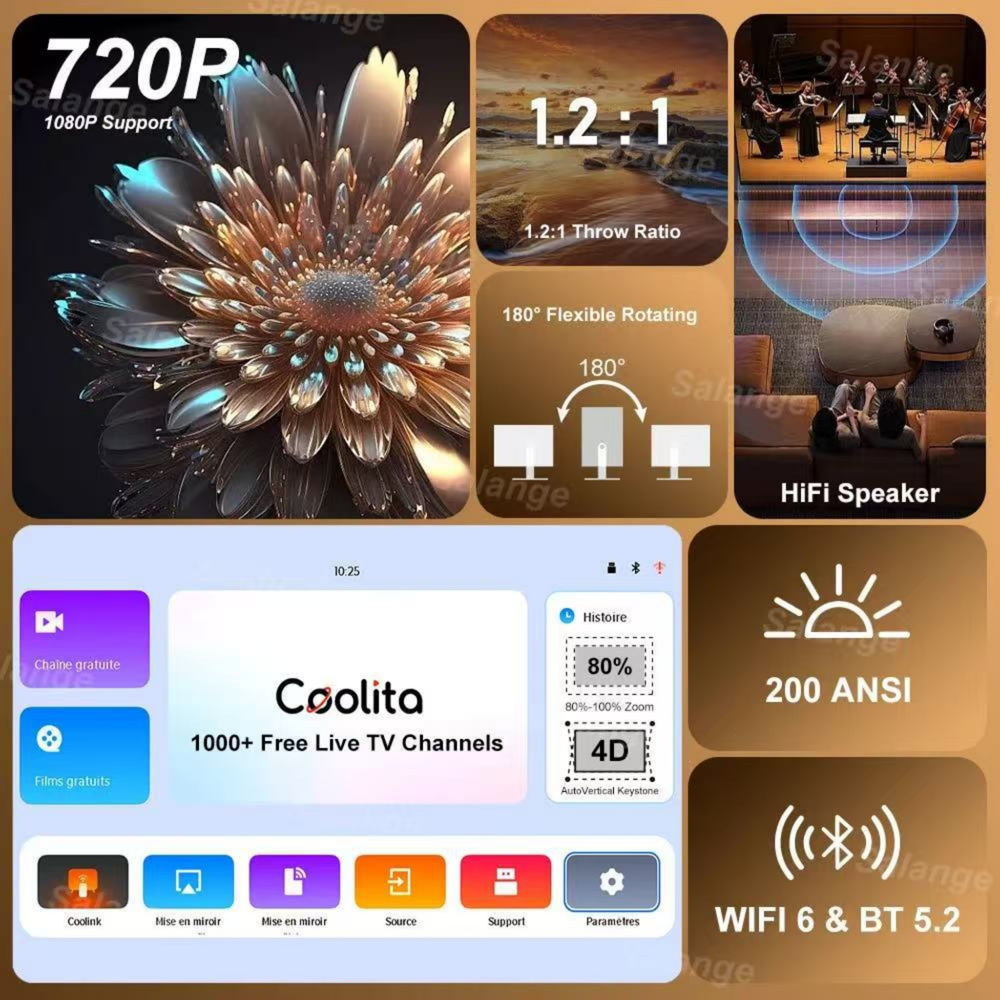 Produktübersicht: 720P, 1.2:1 Wurfverhältnis, 180° Drehung, HiFi-Lautsprecher, 200 ANSI, WiFi 6 & BT 5.2.