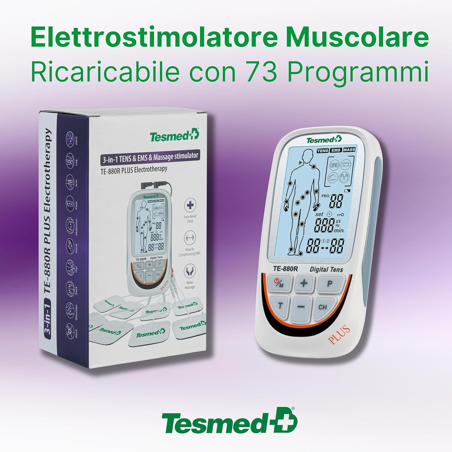 Uno stimolatore Tesmed 3-in-1 EMS/TENS con scatola e accessori su sfondo viola.
