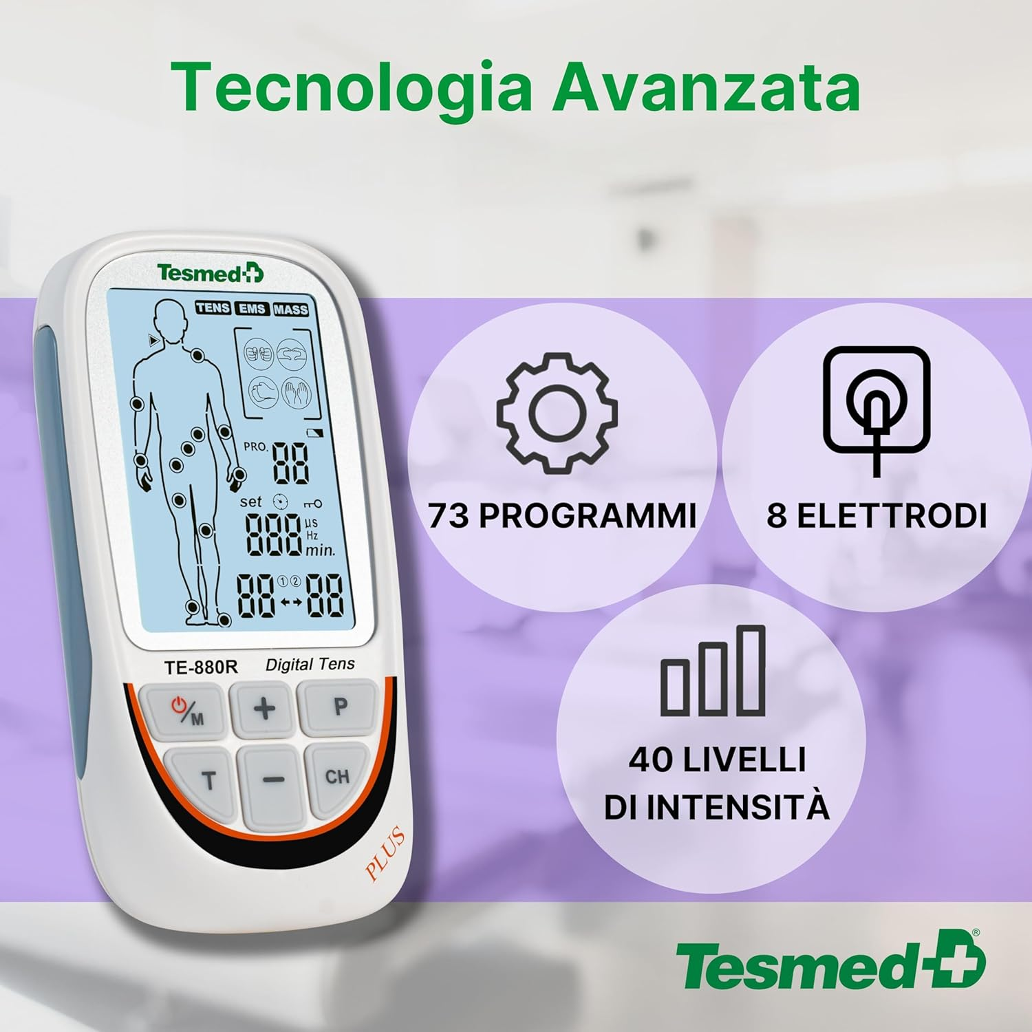 Dispositivo Tesmed TE-880R Digital Tens con 73 programmi, 8 elettrodi e 40 livelli di intensità.