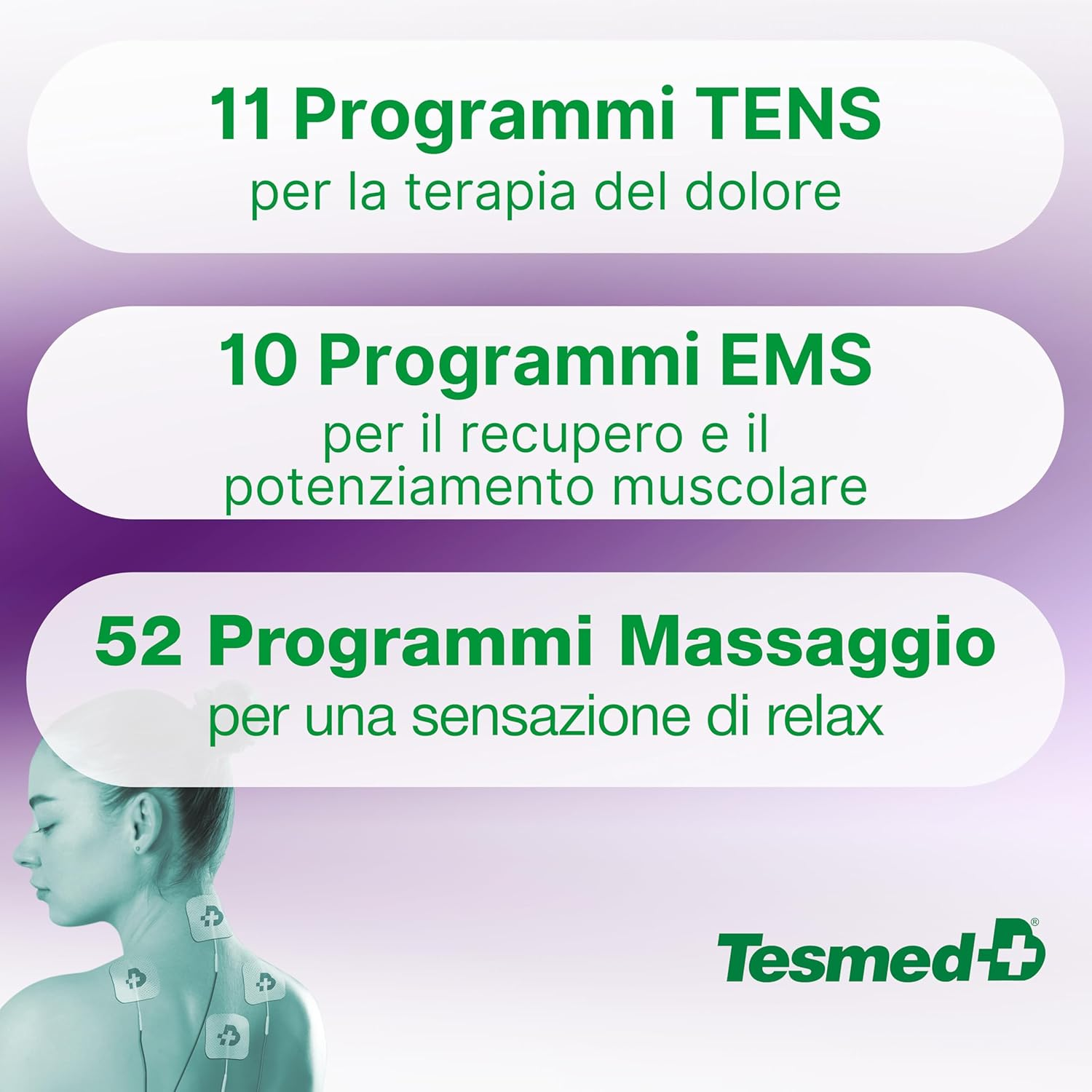 Donna con elettrodi sul collo. 11 Programmi TENS, 10 EMS, 52 Massaggio.
