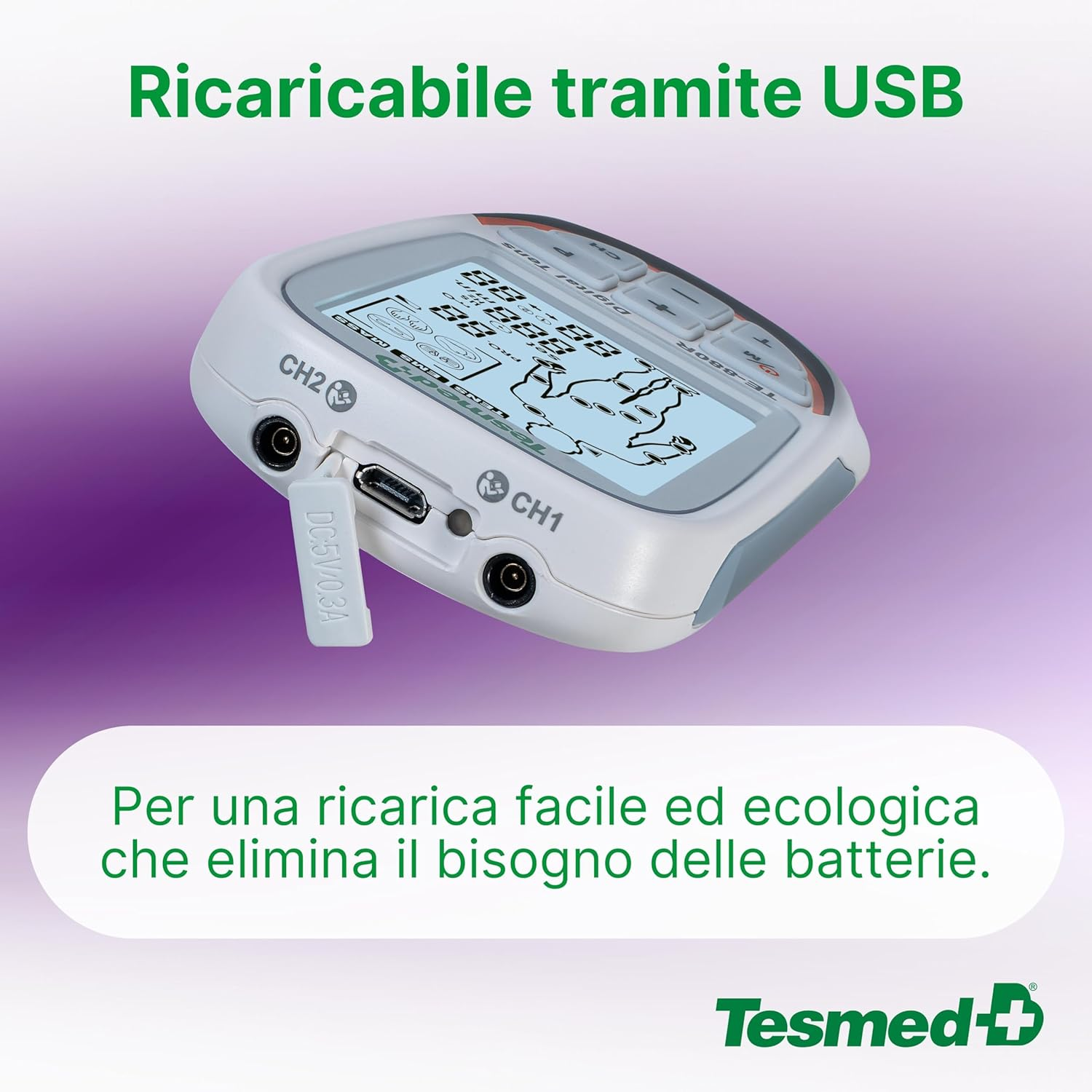 Un dispositivo Tesmed bianco ricaricabile via USB con impostazioni sullo schermo.