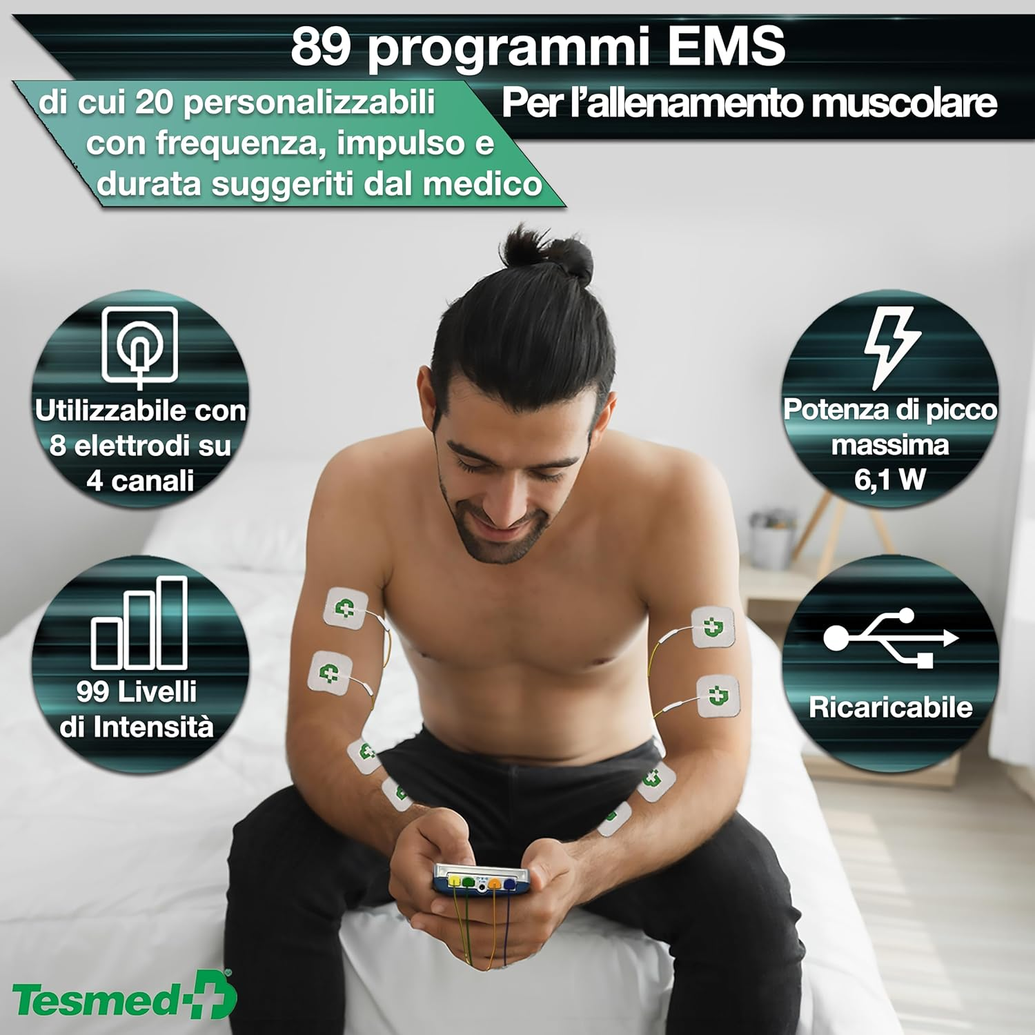 Uomo con elettrodi e dispositivo EMS. 89 programmi, 99 livelli intensità, potenza 6,1W.