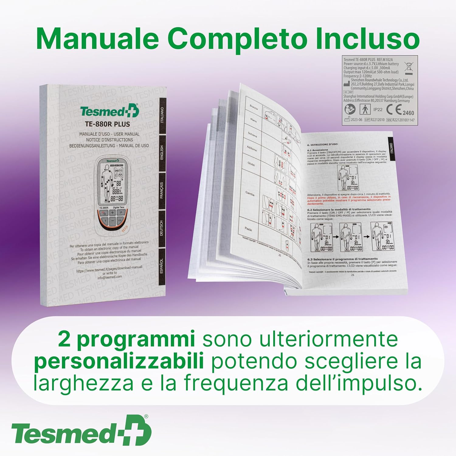 Un manuale per Tesmed TE-880R PLUS, con istruzioni e marchio CE.