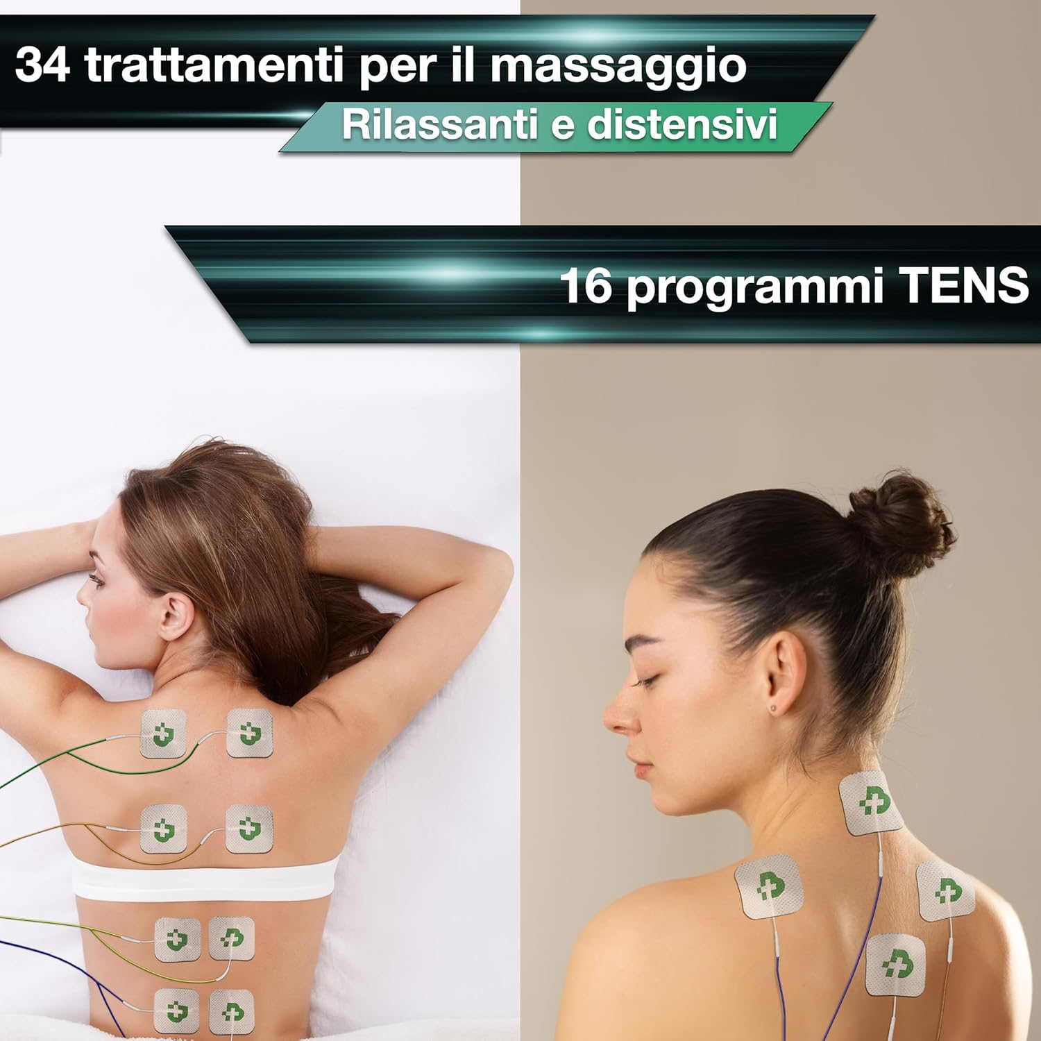 Due donne con elettrodi TENS su schiena e collo. Testo in alto.