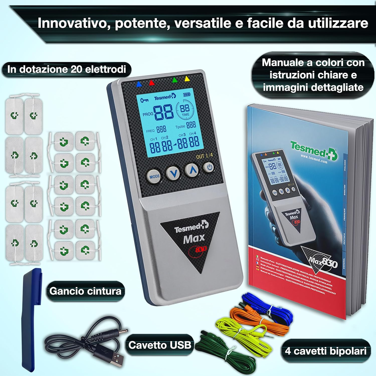Dispositivo EMS Tesmed Max 830 con elettrodi, cavo USB, clip da cintura e manuale.