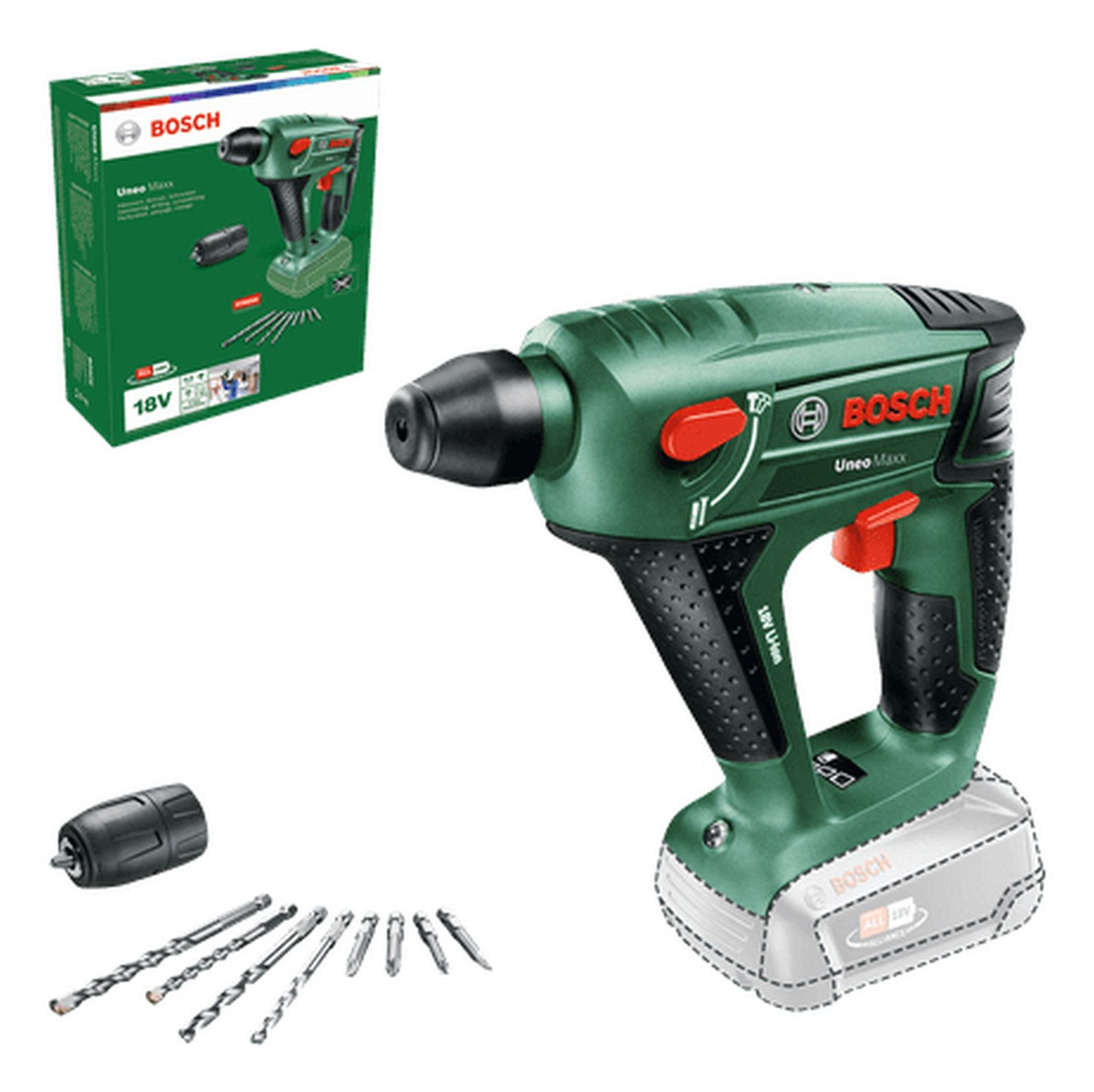 Ein grüner Bosch-Bohrer mit Zubehör und Verpackung.