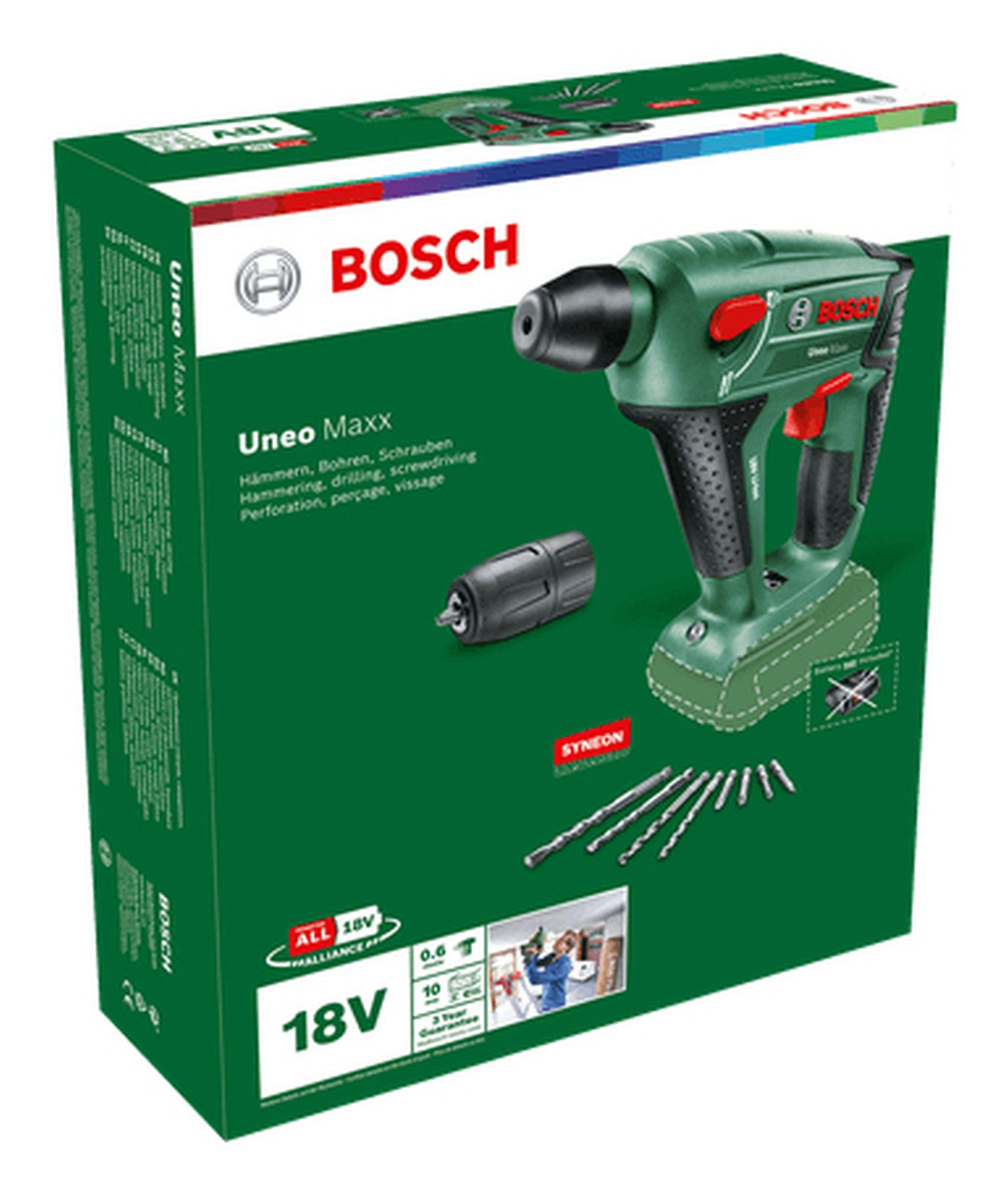 Grüner Bosch Akku-Bohrer mit Zubehör auf Kartonverpackung.